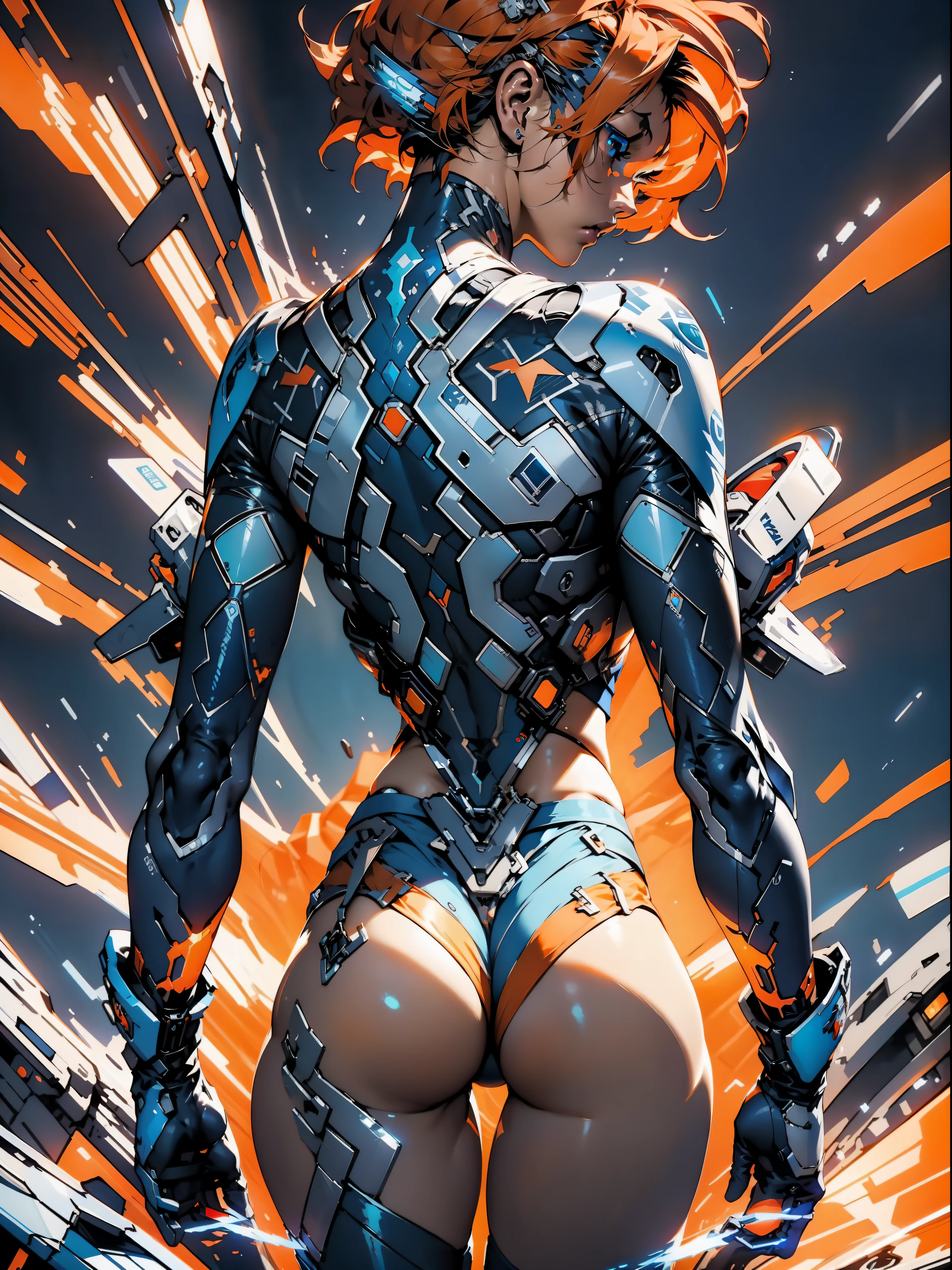 ((Best quality)), ((masterpiece)), (detailed: 1.4), (((back))), ((Perfect ass)), A cyberpunk warrior 35-year-old muscular woman almost naked in the Simon Bisley style for the cover of Heavy Metal magazine, bare thighs, tiny thong, garter belt, (((super short orange hair))), clean face, Minimum clothing, light blue carbon fiber cyberpunk clothing with small details in dark blue and white,  (((blue clothing))), (((short-cut))), (((mature woman))), (((full body)), (((tiny red thong ))), mechasuit