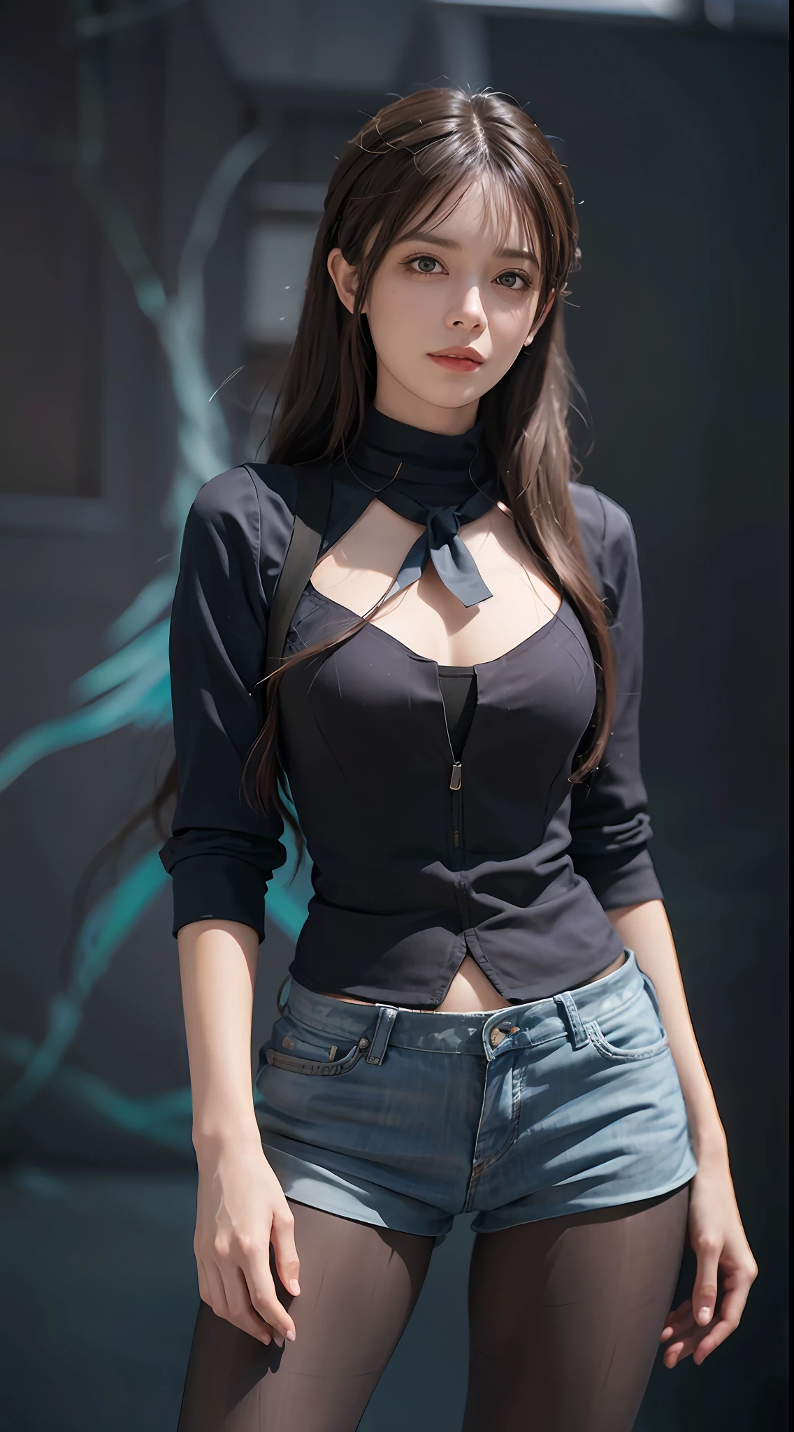 (Front Focus), (In the Dark: 1.6), Surrealistic Female Portraits by David Hockney and Alphonse Mucha, Fantasy Art, Photo Realism, Dynamic Lighting, ArtStation, Poster, Volumetric Lighting, Very Detailed Faces, 4 K, Pantyhose, Shorts, 1girl, In the Dark, Deep Shadow, Low Key, Cowboy Shot, (Official Uniform: 1.4), Long Hair, Gray Hair,