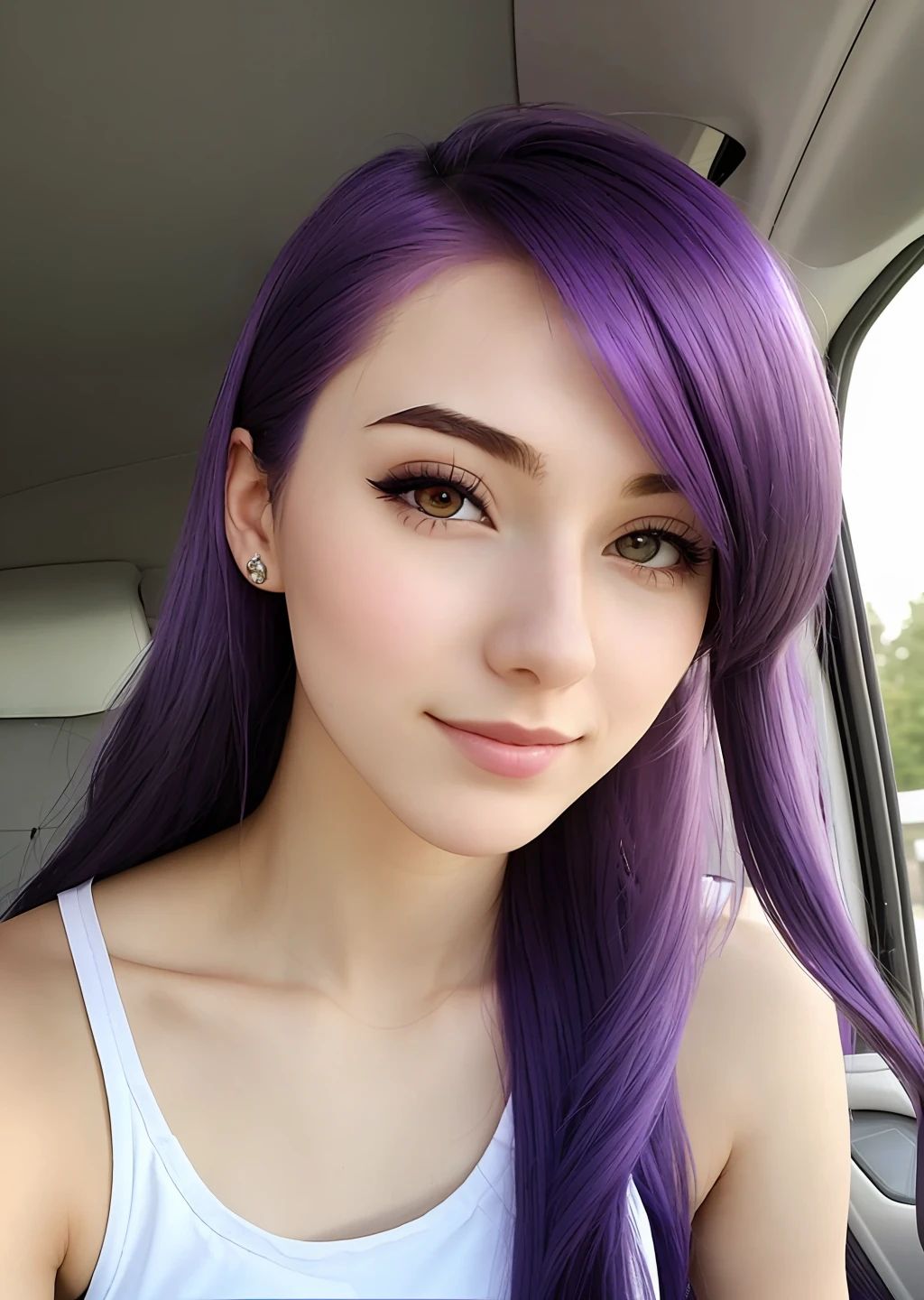 22-year-old girl, 1.60 tall, with fair skin, purple hair, detective