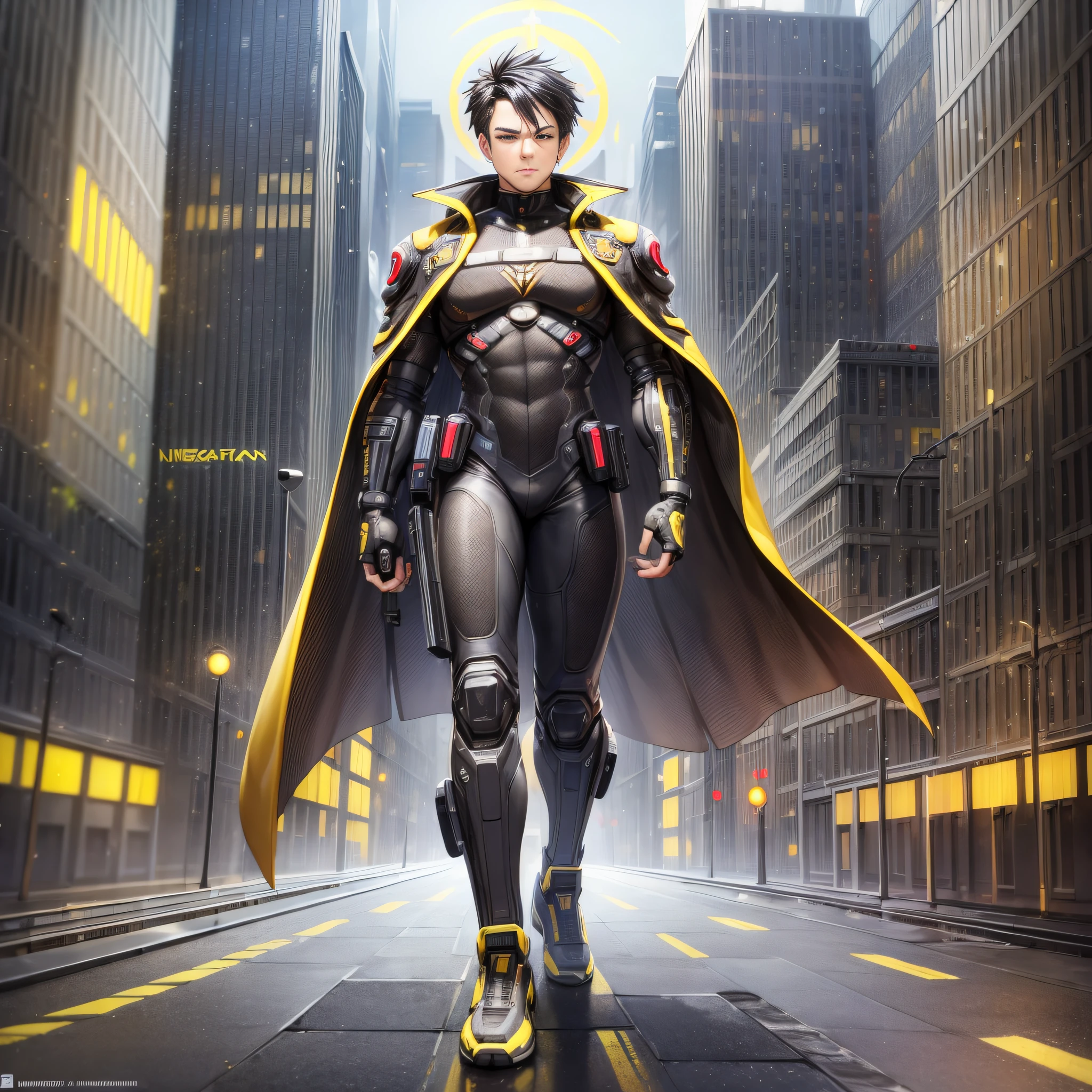 (masterpiece, detailed, highres:1.4), cyberpunk, cyberpunk 2077, 1guy, 35yo, grey eyes, white background, black hair, half-cut hair, cybereyes, (black cyberbody, yellow inserts on the body:0.45), massive body armor, black cape with yellow lines, full body, full body shot, gloom (expression), atmospheric perspective \