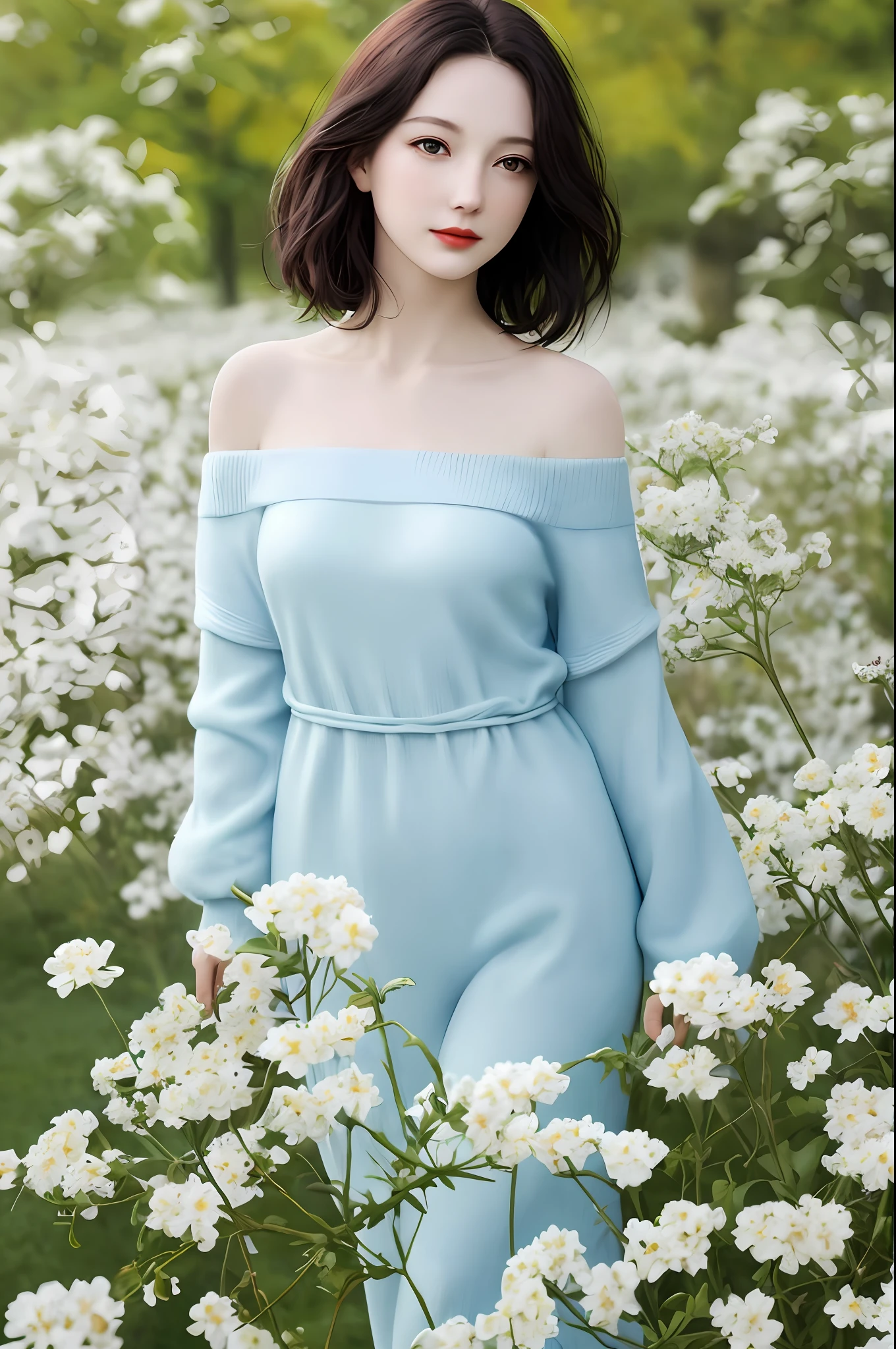 cute girl photo realistic,stands in a park where white clover blooms all around, exquisite and beautiful face, pretty face, (peach Red lips:1.1),pale skin, snow white skin, milky white skin, smooth translucent white skin, tender and smooth skin,(black hair:1.15),short hair,smile, exquisite collarbone, seductive and delicate collarbone, charming fragrant shoulders, shoulders slightly exposed, open-shoulder long sweater,sky blue sweater,bokeh, full body,very realistic details, ultra-high resolution,outstanding details