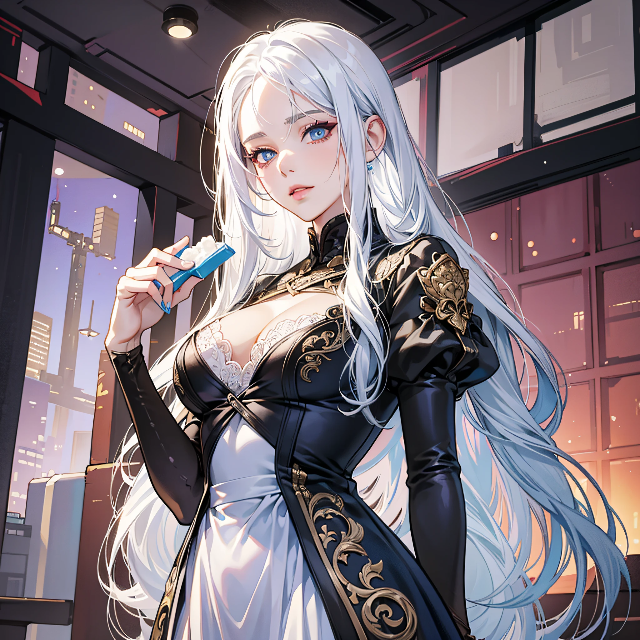 Girl holding soap, white hair, sexy pose, evil, super detailed, straight long hair, colorful, intricate detailed clothing, color dress, looking down