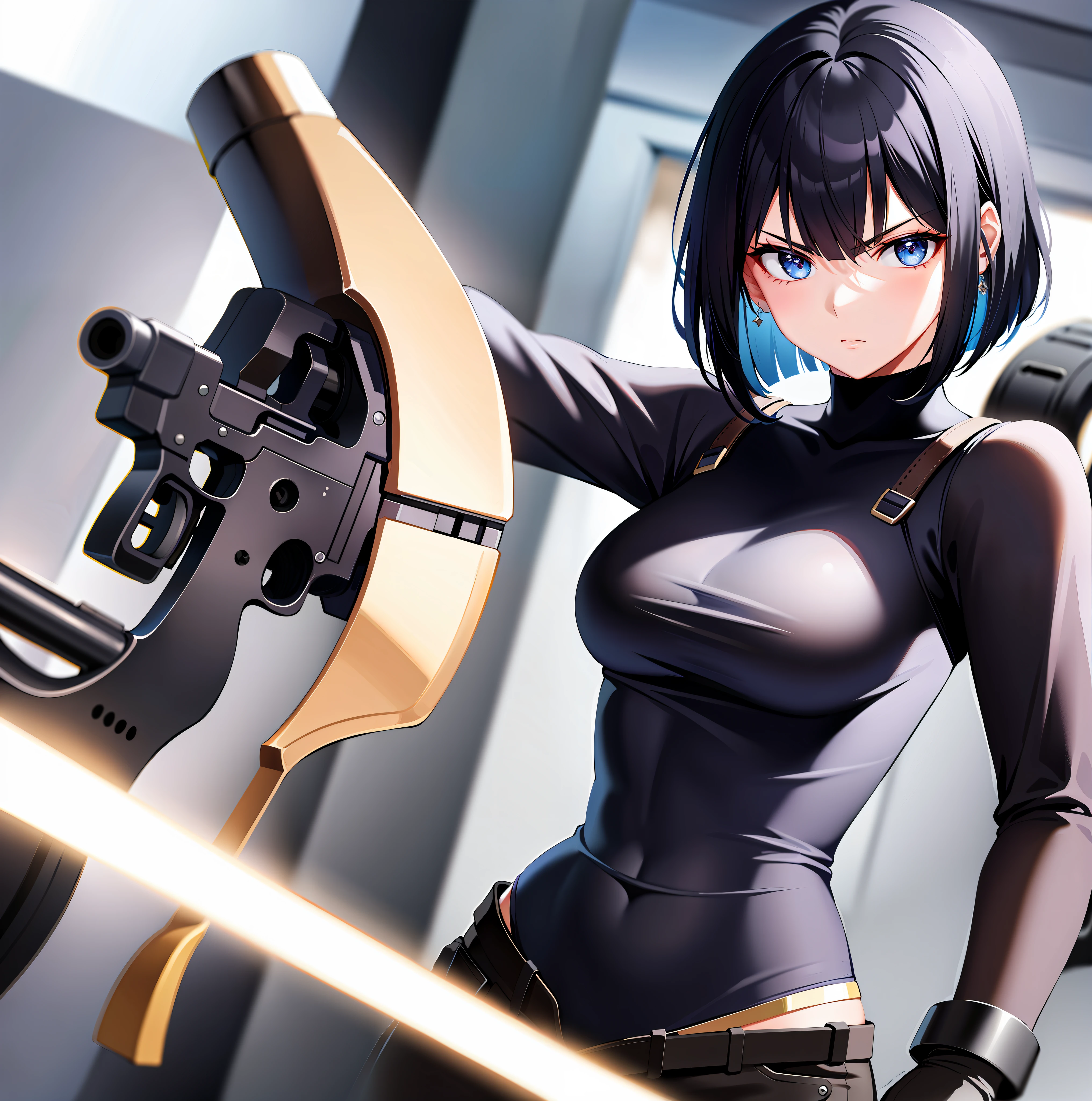 Woman, black hair, serious face, lots of guns pointed around, hair bob, hair bob, targeted, targeted, blue eyes, blue eyes, blue eyes