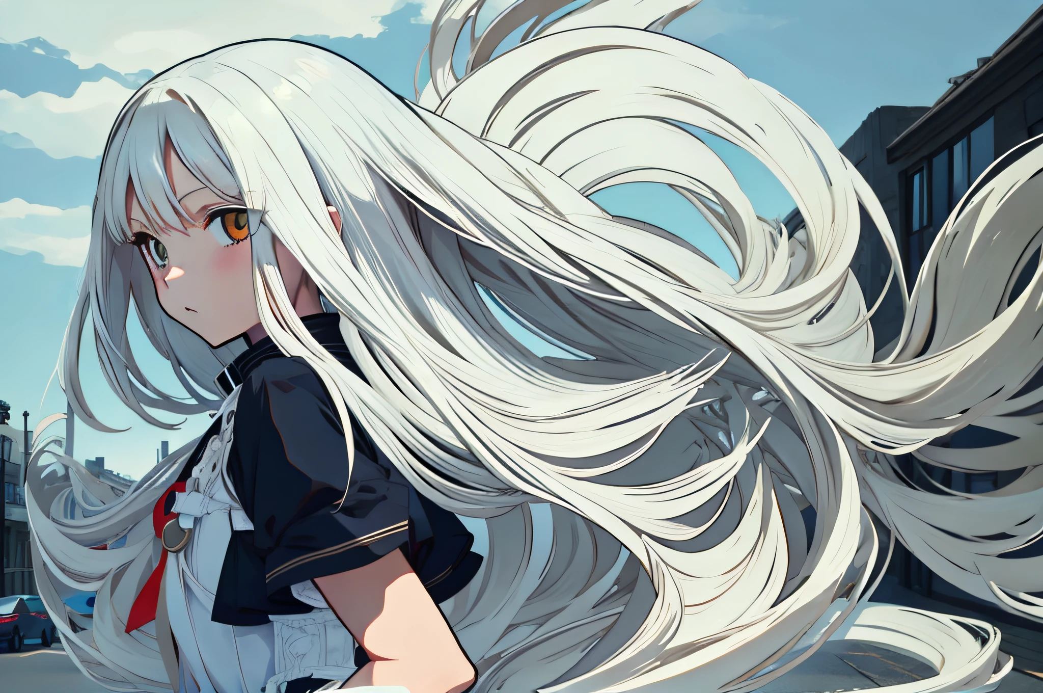 anime girl, street, long white hair, good hand,