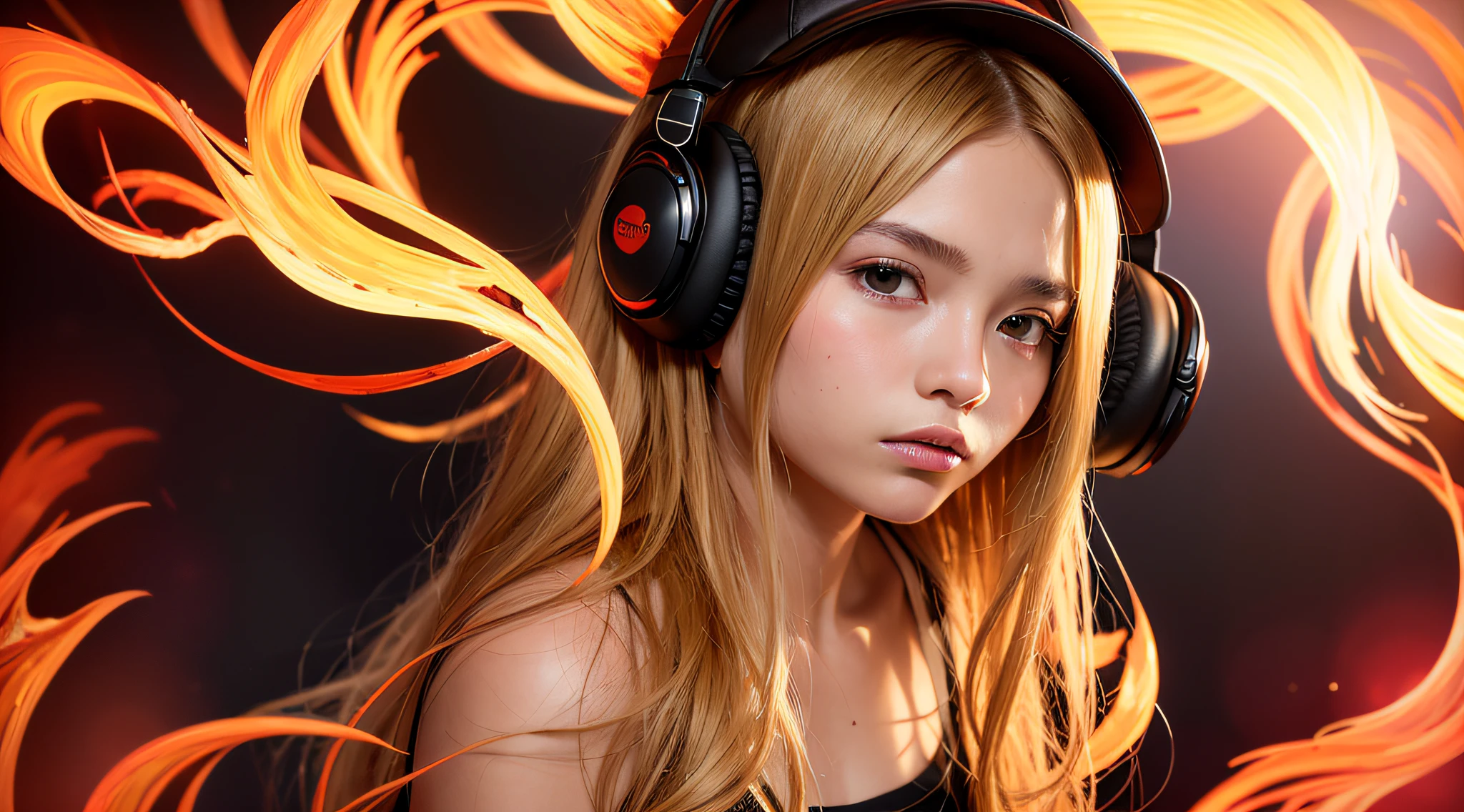 there is a 14 YEAR OLD GIRL in black top and headphones, LONG BLONDE HAIR, PORTRAIT STYLE, CLOSE UP, portrait photo, background art, wearing tumultuous flames, flames surround her, her body made of flames, on fire, on fire, goddess of hot fire, girl wearing headphones, burning in hell, flames around her body, Her hair is on fire, intense steaming, burning atmosphere, engulfed in swirling flames