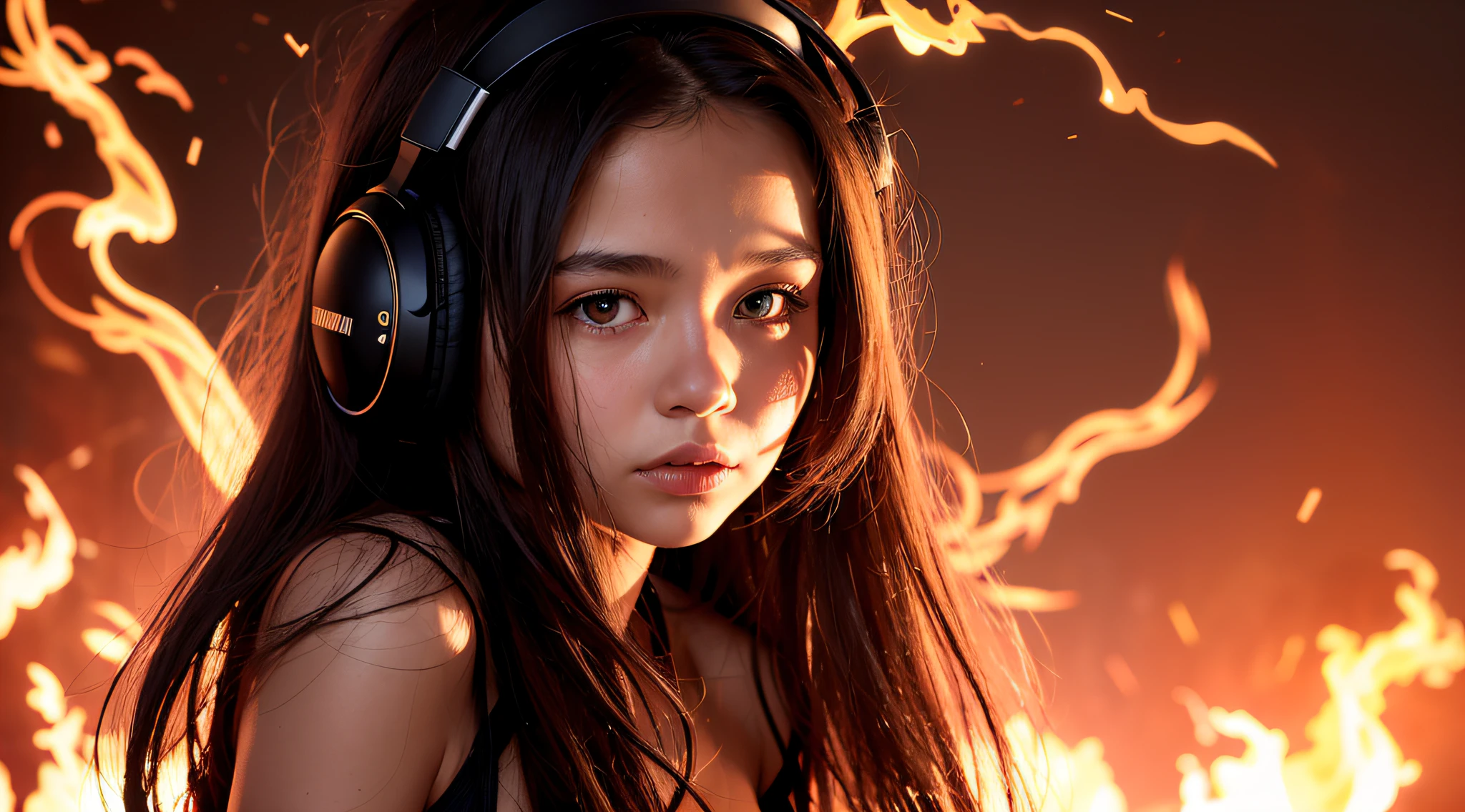 there is a 14 YEAR OLD GIRL in black top and headphones, LONG BLONDE HAIR, PORTRAIT STYLE, CLOSE UP, portrait photo, background art, wearing tumultuous flames, flames surround her, her body made of flames, on fire, on fire, goddess of hot fire, girl wearing headphones, burning in hell, flames around her body, Her hair is on fire, intense steaming, burning atmosphere, engulfed in swirling flames