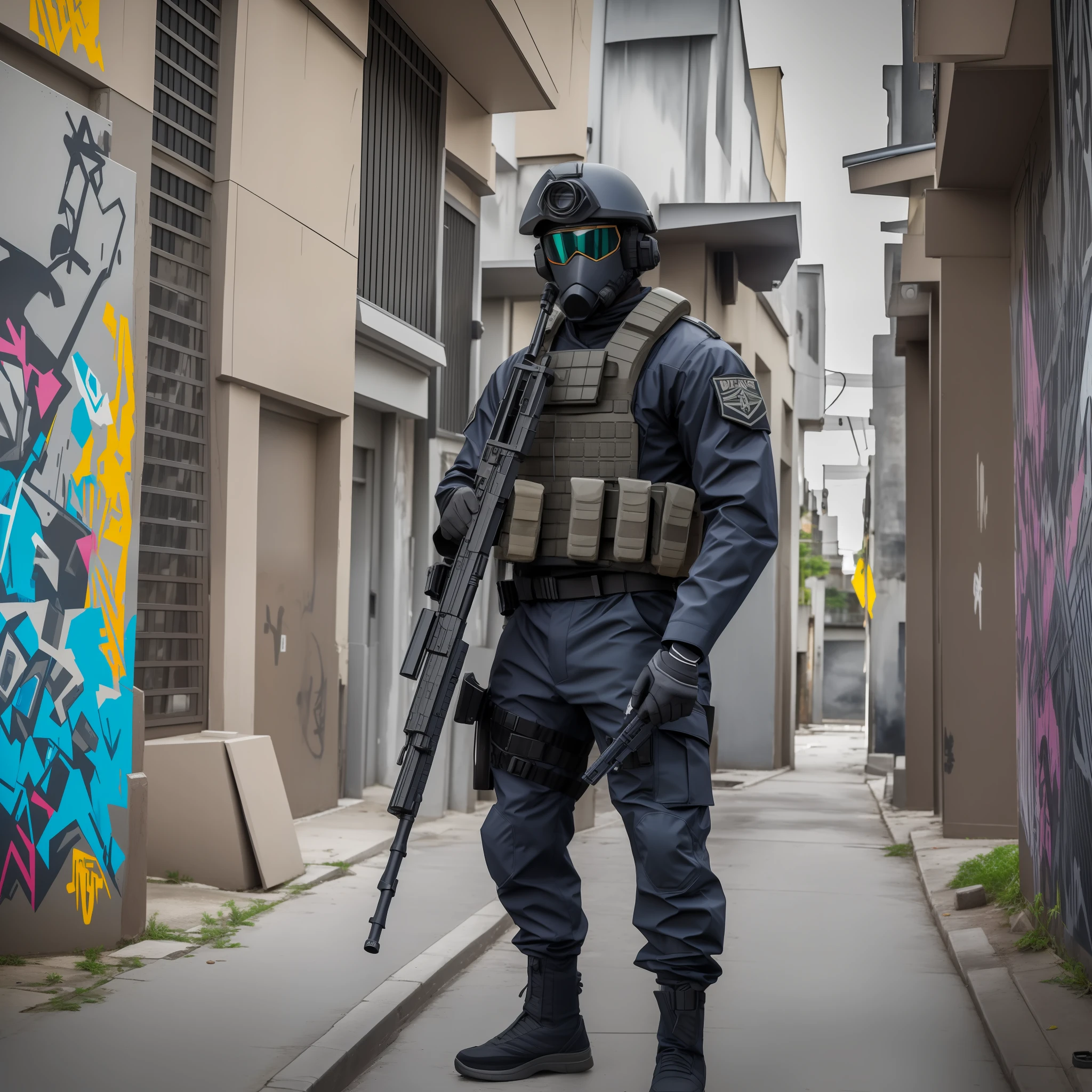 Genshin Impact Yelan as a UNATCO task force sniper, black SWAT uniform, sniper rifle, urbancore, street art, graffiti, black, white, gray, navy blue, acrylic spray paint, high detail --auto --s2