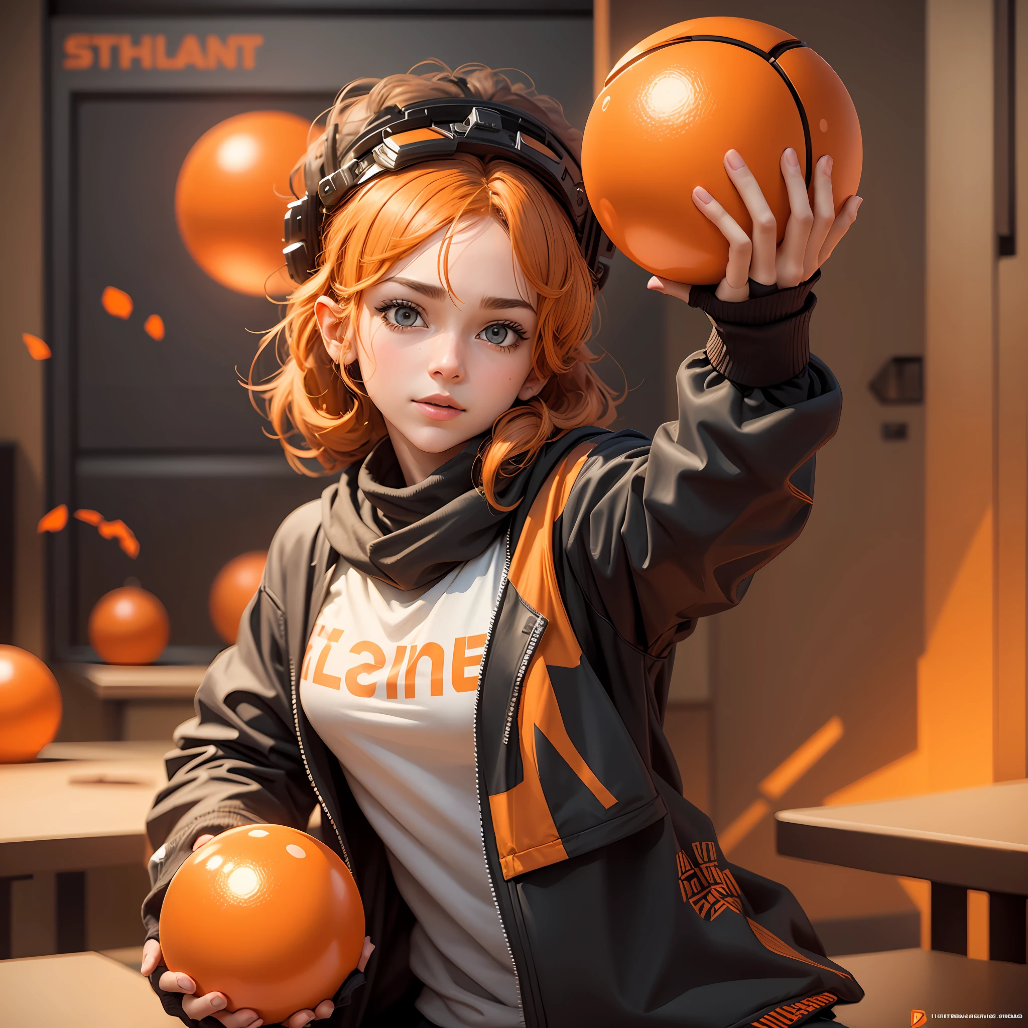 I want you to make a character with orange balls implying that it is an artificial intelligence and write the name satributes with a different font with the orange balls tmb --auto --s2