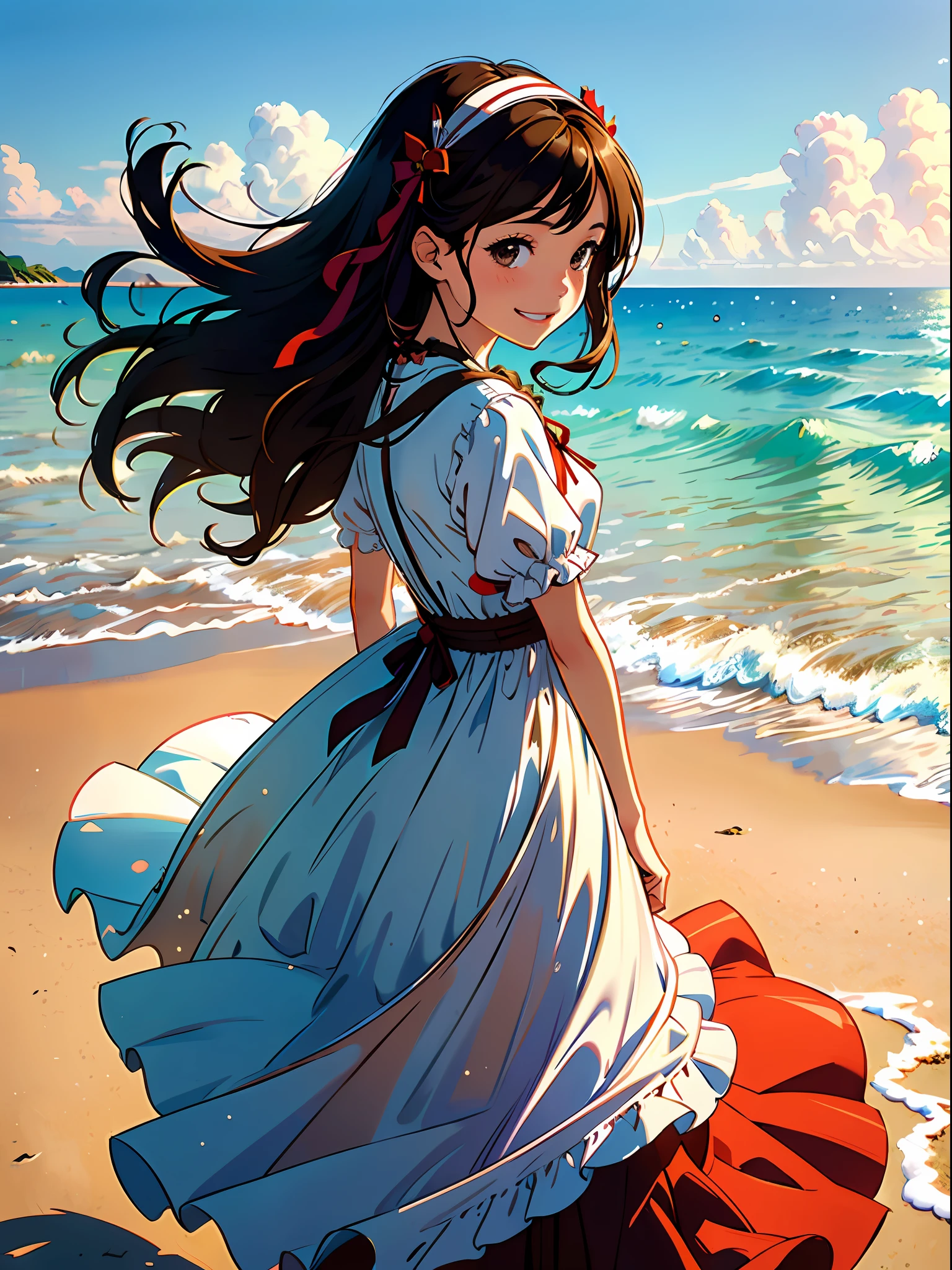 (best quality, masterpiece), portrait, 1 girl, alone, (brown hair, long, with ribbons in hair), (brown eyes), big smile, (long dress) (sea background)
