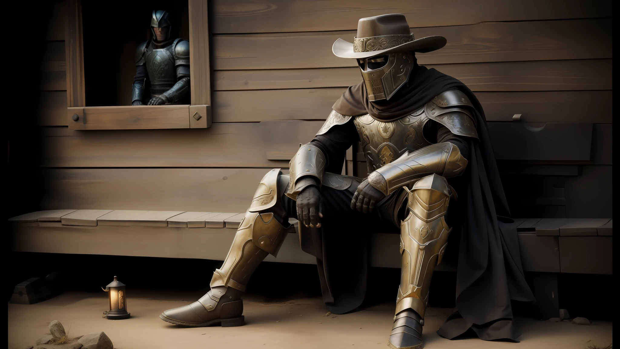 arafed man in a cowboy outfit sitting on a bench, oblivion armor, still frame from a movie, ornate cosplay, western gunslinger, cyborg dr doom in ornate armour, fine dust, real life characters, dressed in spartan armour, waiting to strike, a-pose, oldwest, cgi art