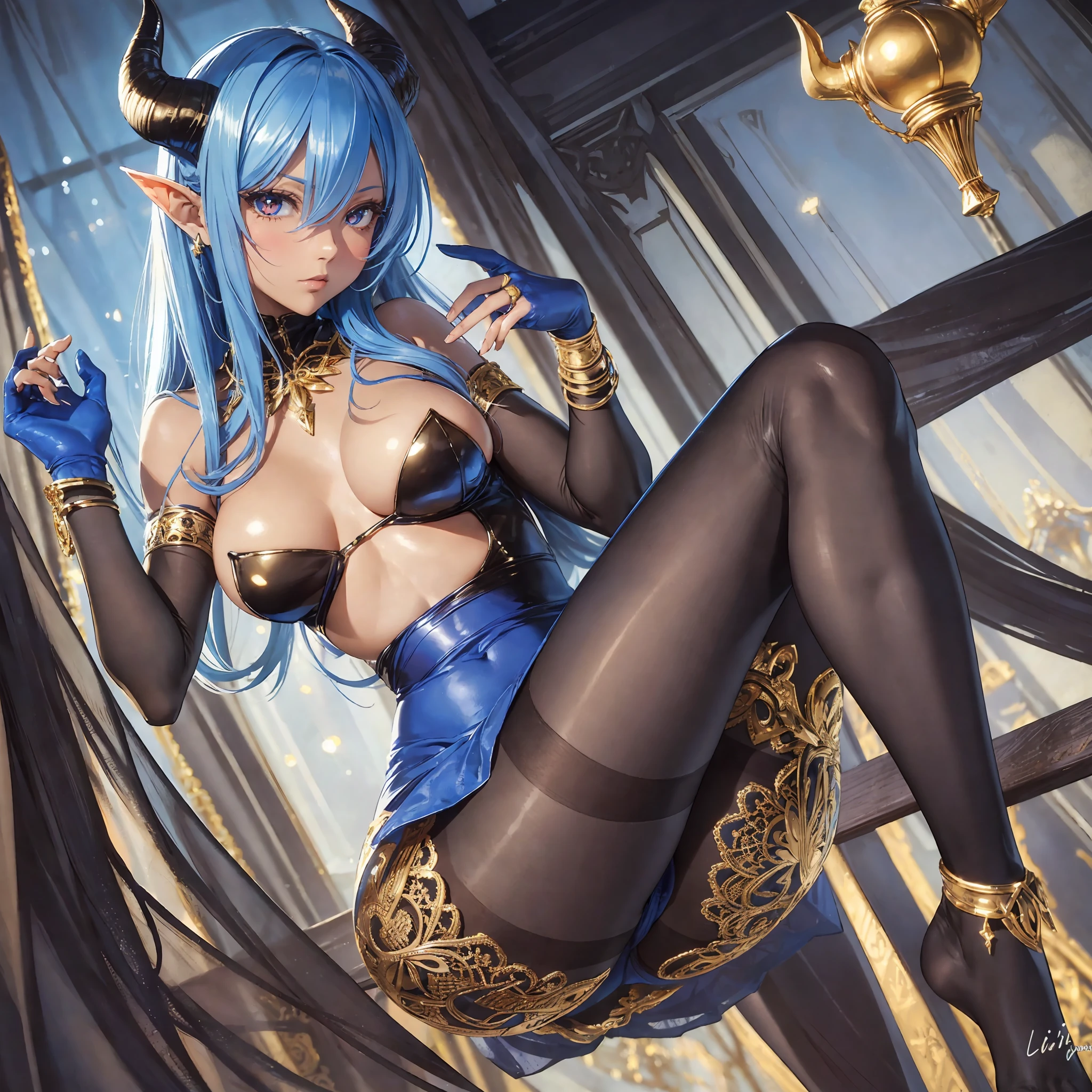 (masterpiece: 1.2, best quality), (highres, (lilith aensland:1.2), (1milf, solo), , huge breasts, (dynamic posture), (shiny skin, dark skin), demon girl, thin and lacy long gloves, (small demonic horns:1.1), (Lilith\(Darkstalkers\)), , fringe, (jewelry, golden ornament:1.15), large pelvis, blue (pantyhose:1.1) --auto --s2