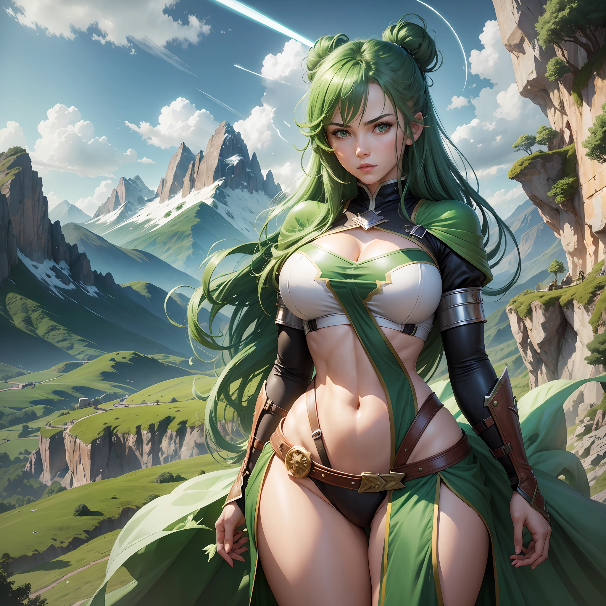 Woman fighter, isekai, thick thighs, thin arms, trained abdomen, green hair, holding a diamond sword, background a countryside landscape with several mountains, white woman, face with traces of European woman --auto --s2