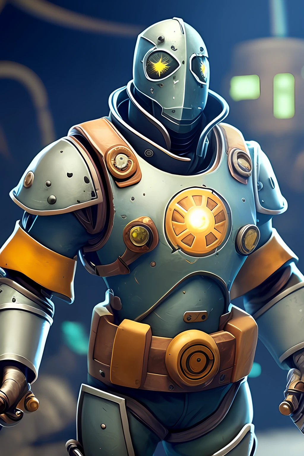 Radiation knight with a nuclear reactor on his chest using sword and shield
