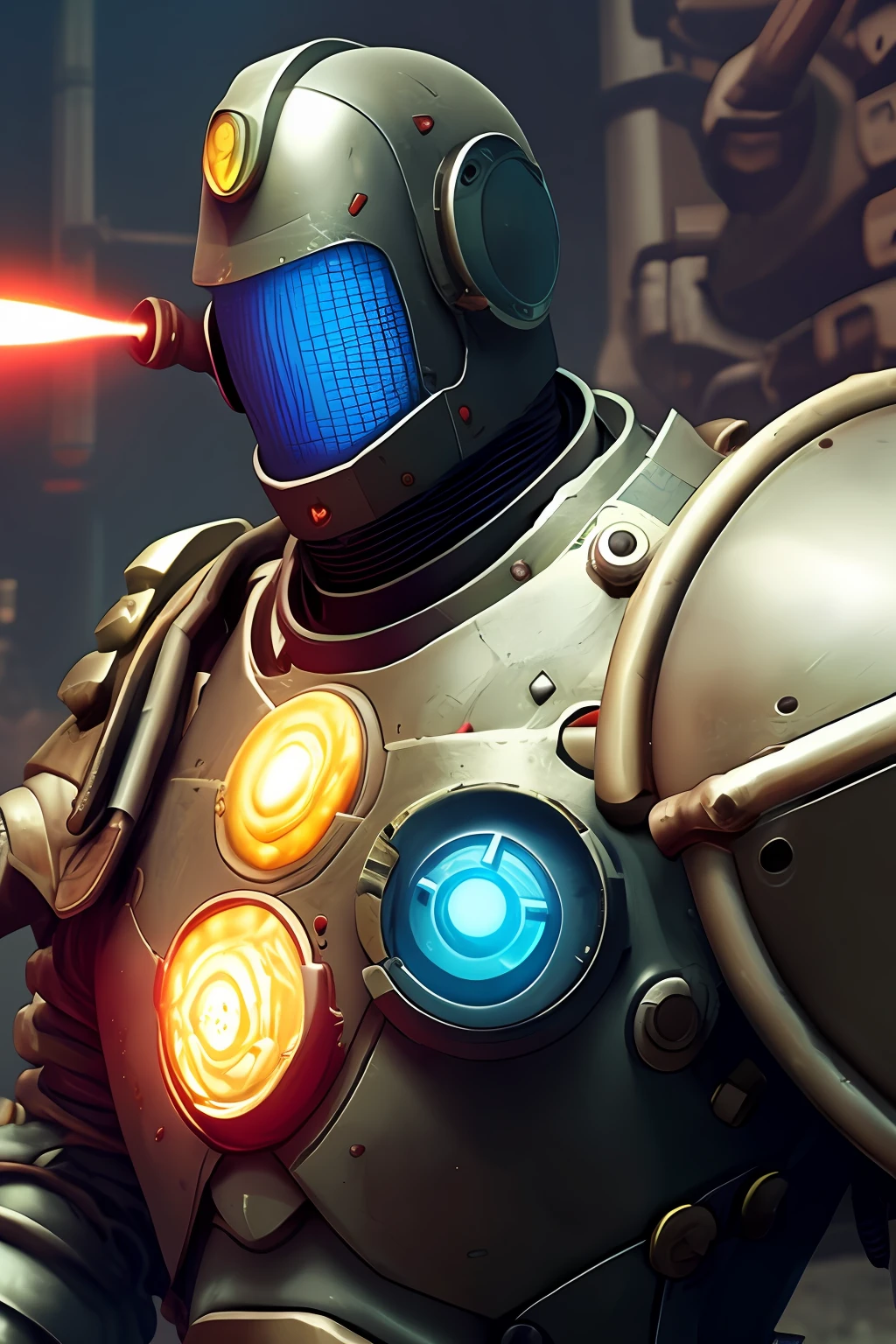 Radiation knight with a nuclear reactor on his chest using sword and shield