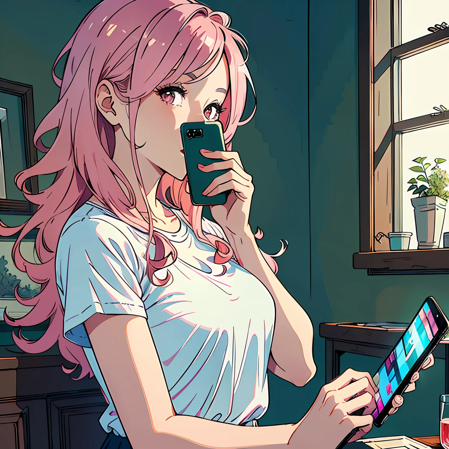 ((Masterpiece)),((Best Quality))),((Ultra Detailed)),((Illustration)),Upper Body View,1 mature girl, long pink curly hair, at home, holding a cell phone in hand
