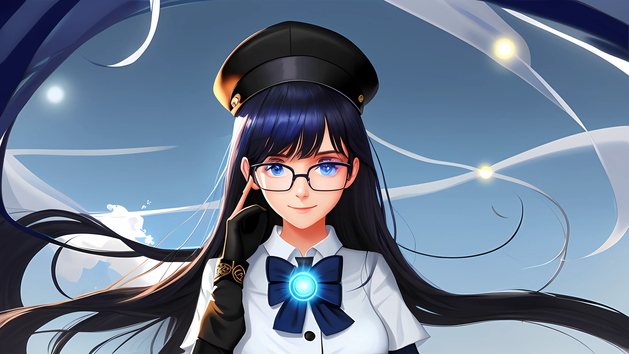 1girl, black baret, blue eyes, (((half-closed eye))), sexy eyes, (wearing glasses rimless), smile, cute face, straight hair, wispy bangs hair, dark indigo hair, hand holding glasses, black glove, bluen bon, astral white dress, (((big boobs))), corset,portrait, front view, realistic, masterpiece, highest quality, lens flare, shade, bloom, render, digital painting,