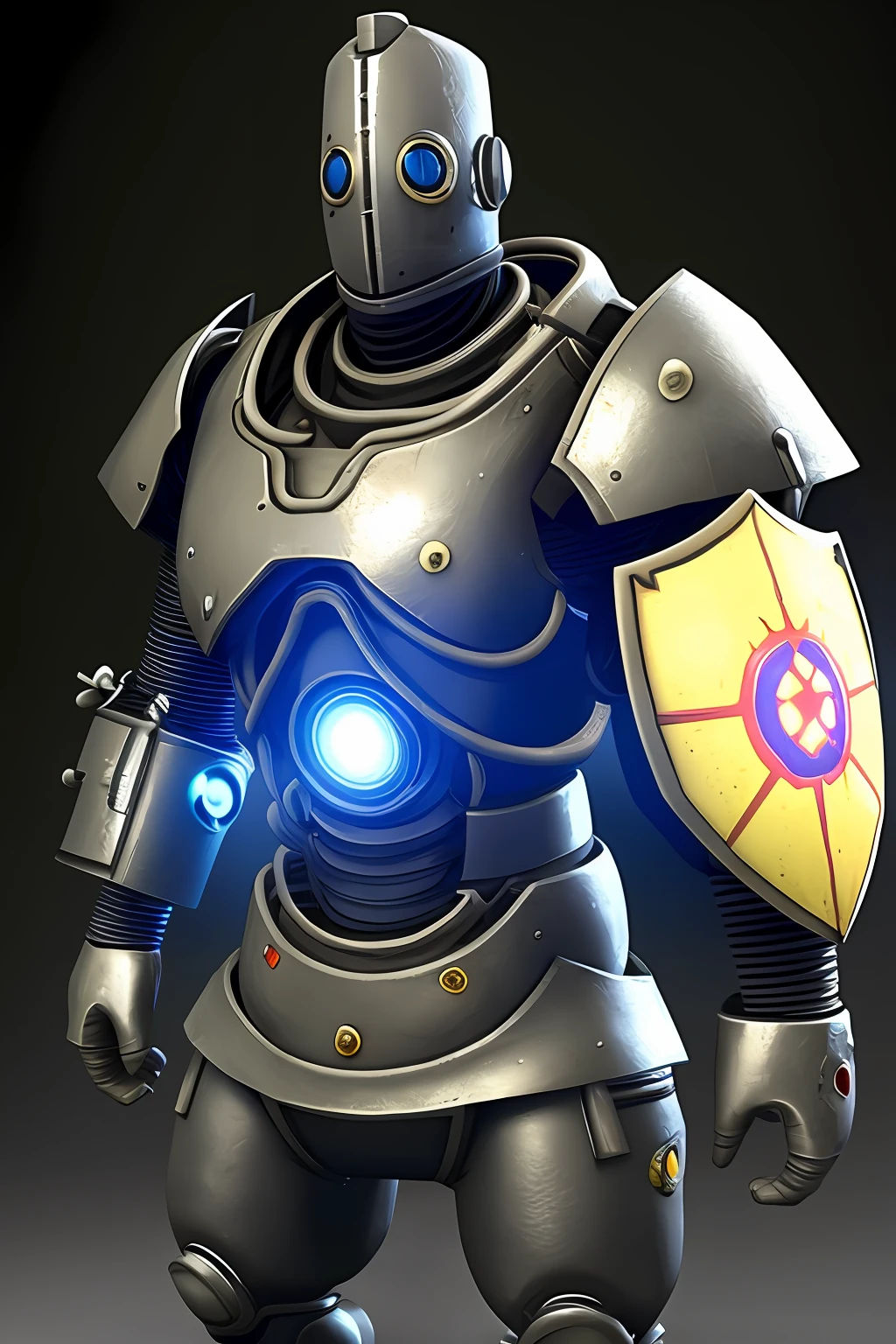 Radiation knight with a nuclear reactor on his chest using sword and shield