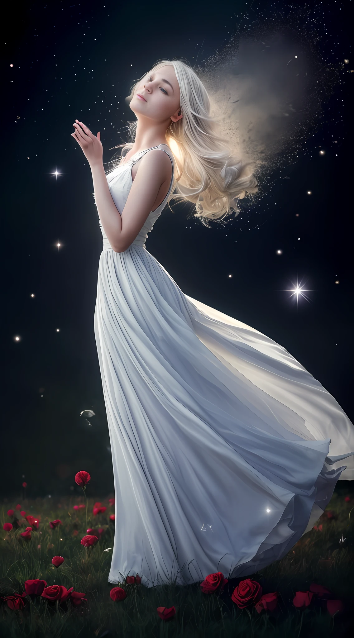 (best quality, masterpiece), 1girl elf, pose, long white dress particle, wind, flower, upper body, simple background, looking at viewer, blonde and silver hair, galaxy, backlit, rim light, glow, roses