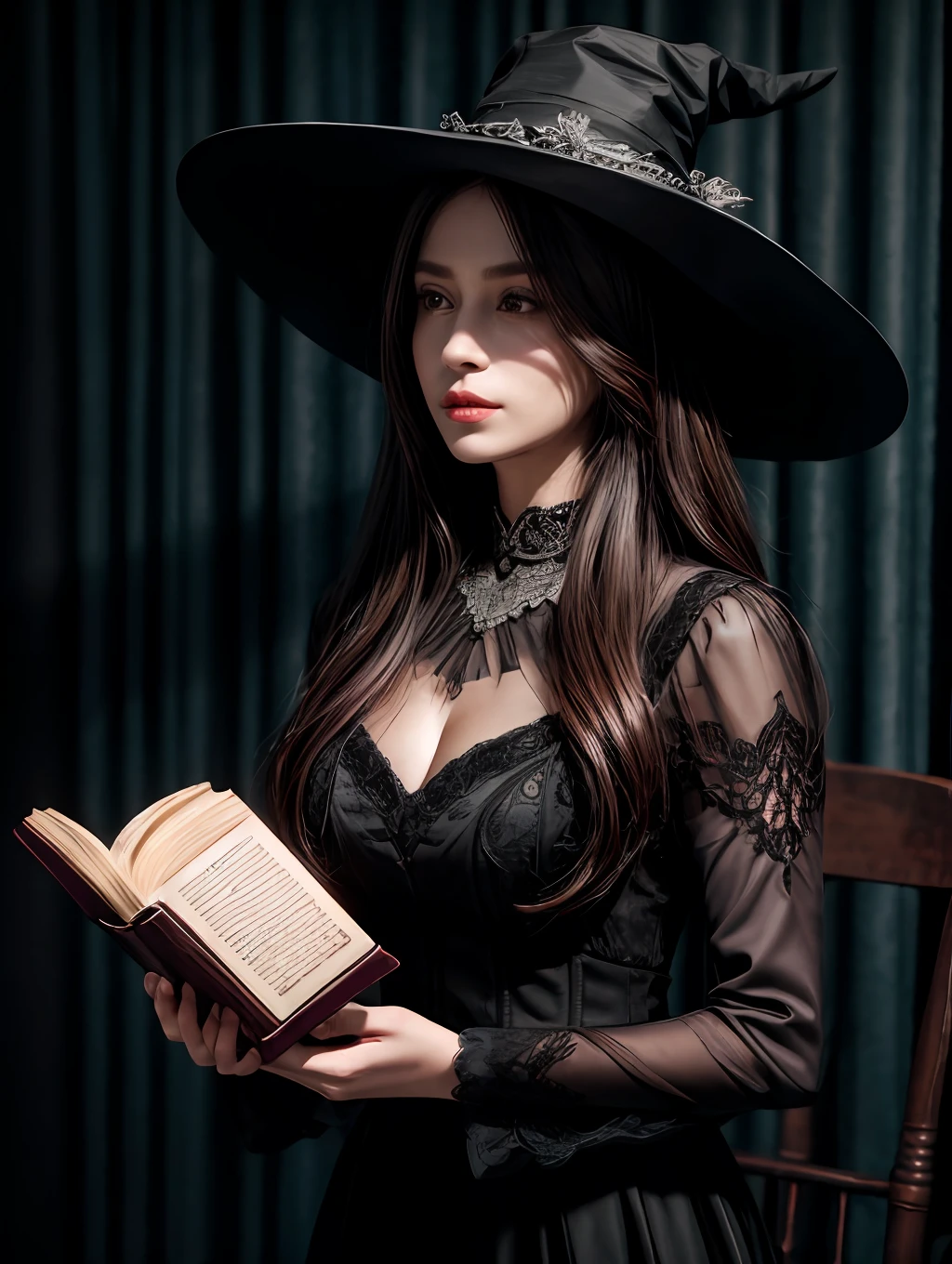 Masterpiece, best quality, realistic, high detailed, delicate and intricated, a beautiful and powerful woman, wearing a black dress, high hat, carrying an open stick and book, as if casting a spell to cast her magic, being in a dark place, and the light comes from the book shining on her face, low light, low key, light to the face, deep shadow, cinematic lighting
