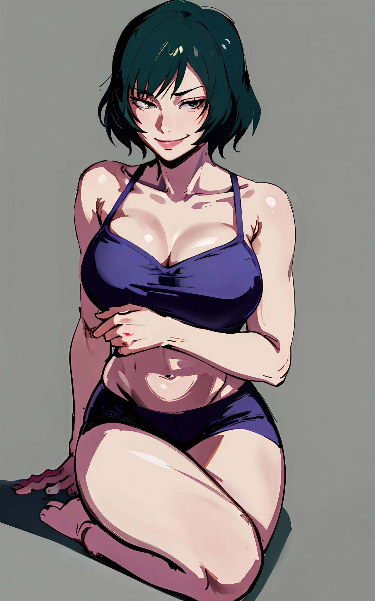 mai zenin, pink bra, evil smile,  curvy,  dark green hair,