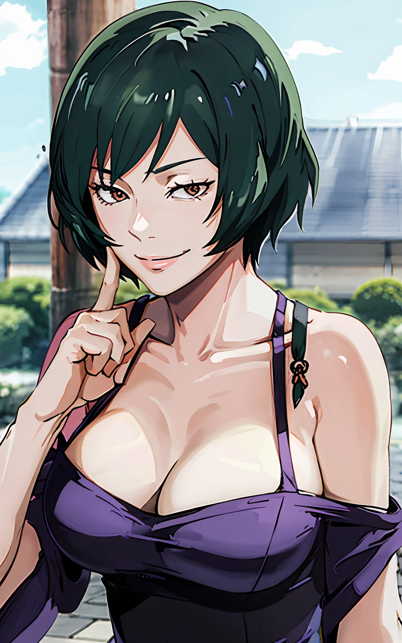 mai zenin, pink bra, evil smile,  curvy,  dark green hair,