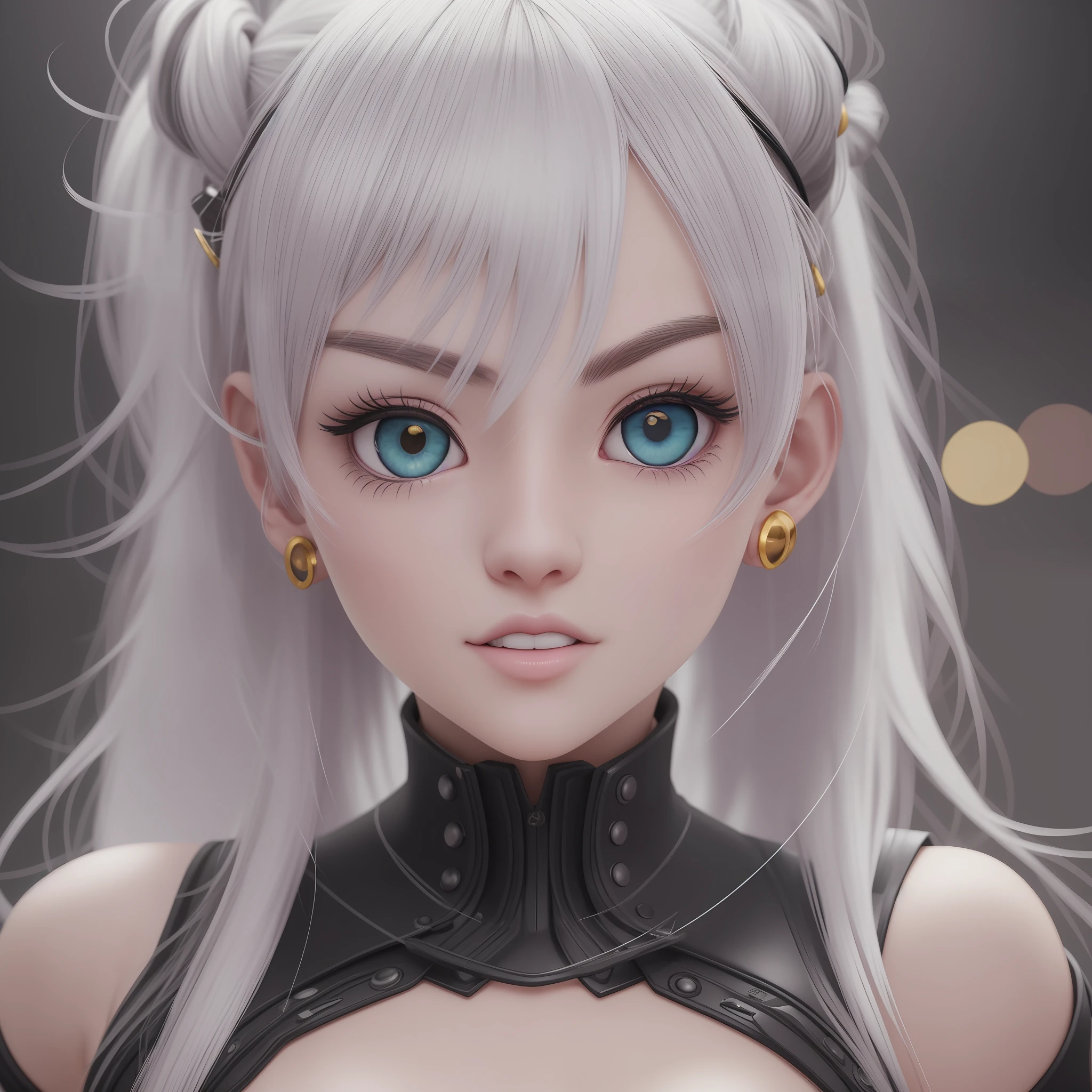wince, longeyelashes, solid circle eyes, ear blush, white hair, twintails, hair bobbles, white hairband, mole under eye, heterochromia, yellow eyes, earrings, evil smile, tongue out, moaning, full-face blush, drop shadow, anaglyph, stereogram, tachi-e, pov, atmospheric perspective, anime, ray tracing, motion blur, depth of field, chiaroscuro, Eye-Level Shot, 8k, super detail, ccurate, best quality, anatomically correct, textured skin, masterpiece --auto --s2