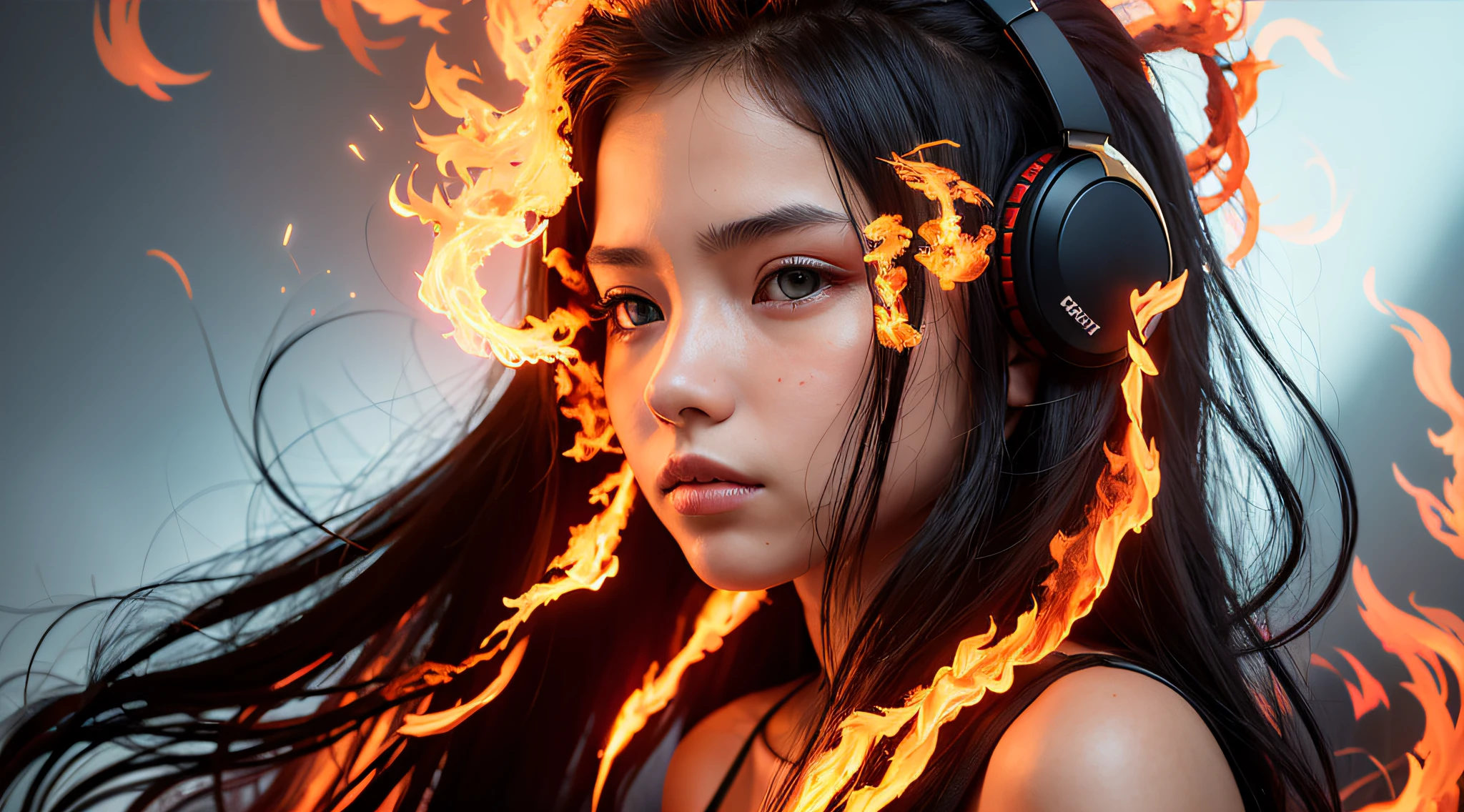 there is a 14 YEAR OLD GIRL in black top and headphones, LONG BLONDE HAIR, PORTRAIT STYLE, CLOSE UP, portrait photo, background art, wearing tumultuous flames, flames surround her, her body made of flames, on fire, on fire, goddess of hot fire, girl wearing headphones, burning in hell, flames around her body,  Her hair is on fire, intense steaming, burning atmosphere, engulfed in swirling flames
