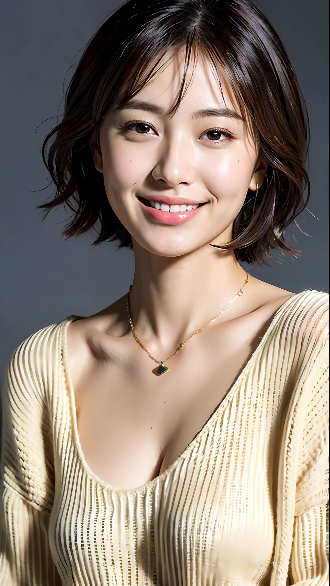 (Best quality, 8k, 32k, Masterpiece, UHD:1.2),Photo of Pretty Japanese woman, large breasts, very short bob hair,upper body,(oversized_sweater,:1.1) necklace, simple background, looking at around, smile
