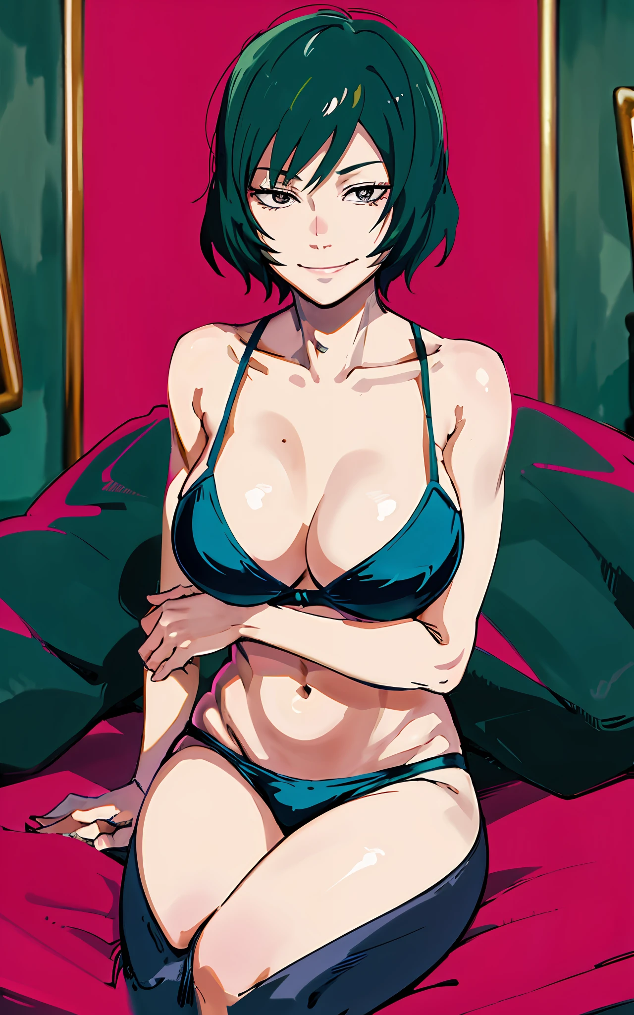 mai zenin, pink bra, evil smile,  curvy,  dark green hair,