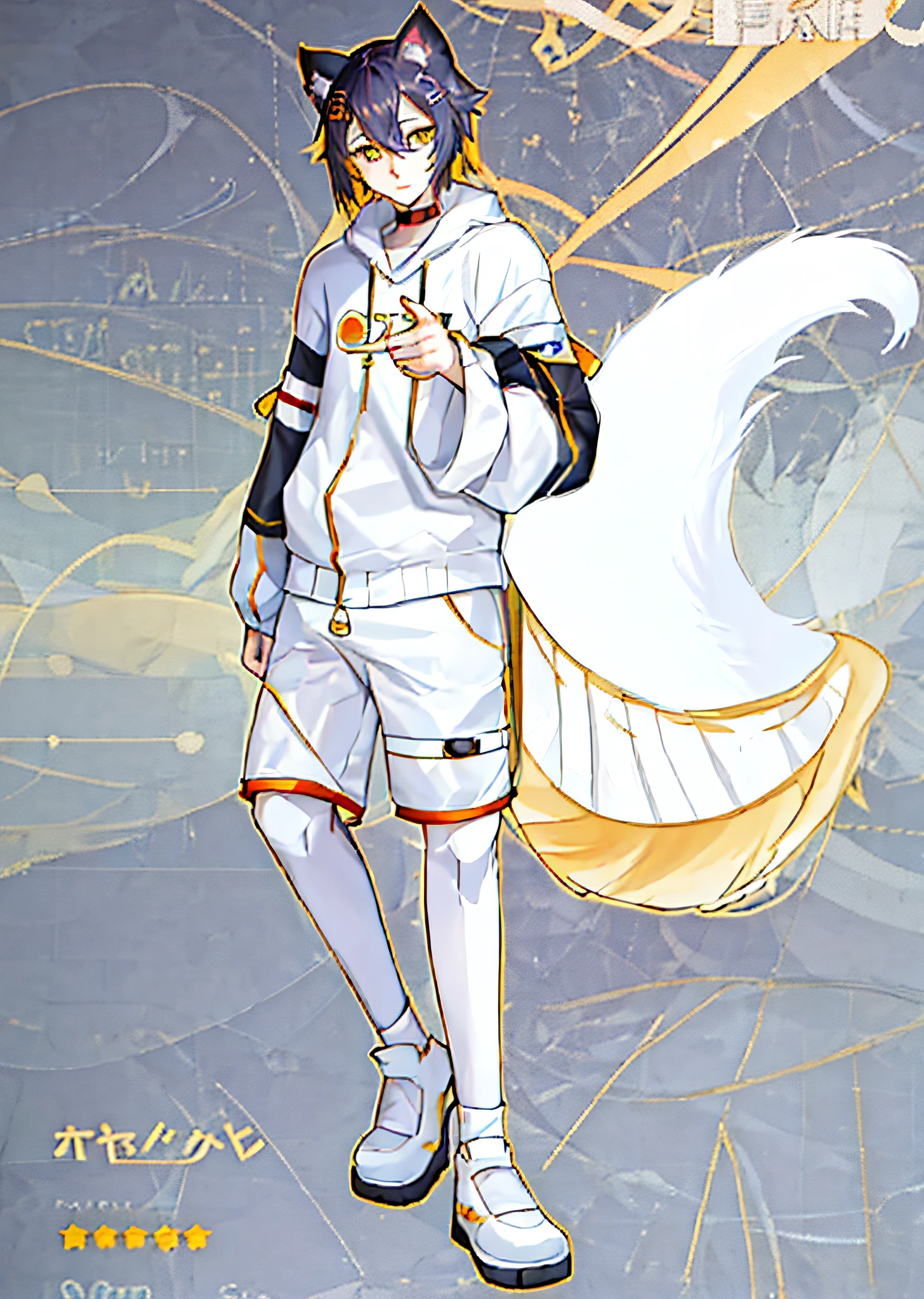 anime character of a cat with a yellow jacket and white shorts, anime full body illustration, fullbody commission for, anime style character, wearing a fisher 🧥, single character full body, 2 0 2 2 anime style, 2022 anime style, fursona wearing stylish clothes, full body illustration, full body adoptable, full body character design