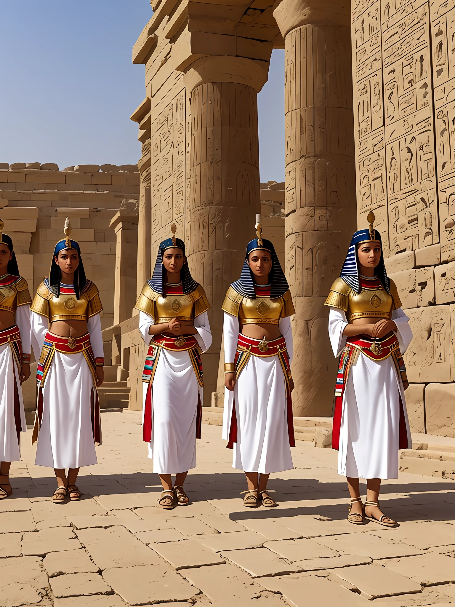 Group of beautiful ancient Egyptian female guards, at palace gates, --auto --s2