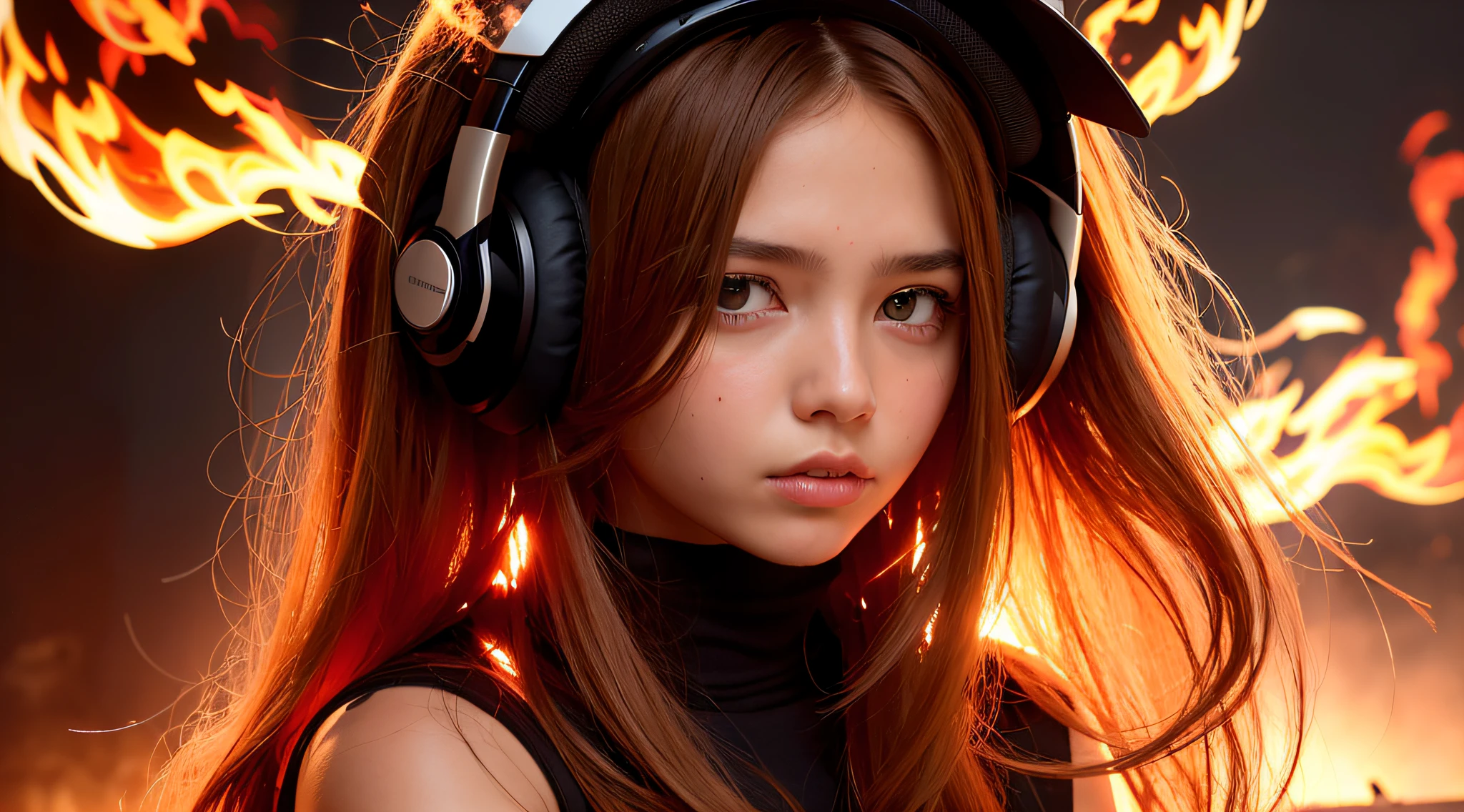 there is a 14 YEAR OLD GIRL in black top and headphones, LONG BLONDE HAIR, PORTRAIT STYLE, CLOSE UP, portrait photo, background art, wearing tumultuous flames, flames surround her, her body made of flames, on fire, on fire, goddess of hot fire, girl wearing headphones, burning in hell, flames around her body, Her hair is on fire, intense steaming, burning atmosphere, engulfed in swirling flames