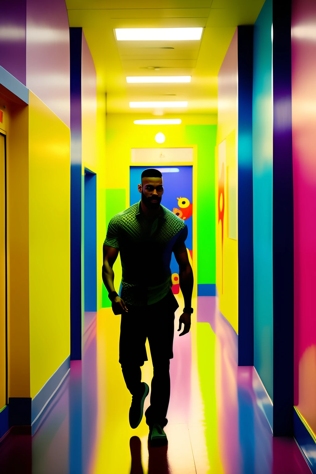 Marcus, the doctor, a tall and muscular man, with a modern haircut, beard, and an imposing presence, strolled through the brightly lit corridors of the pediatric ward. The atmosphere was vibrant and filled with colors reminiscent of Romero Britto's art style. The walls were adorned with cheerful and whimsical paintings, depicting joyful scenes of ren playing and animals in playful poses.