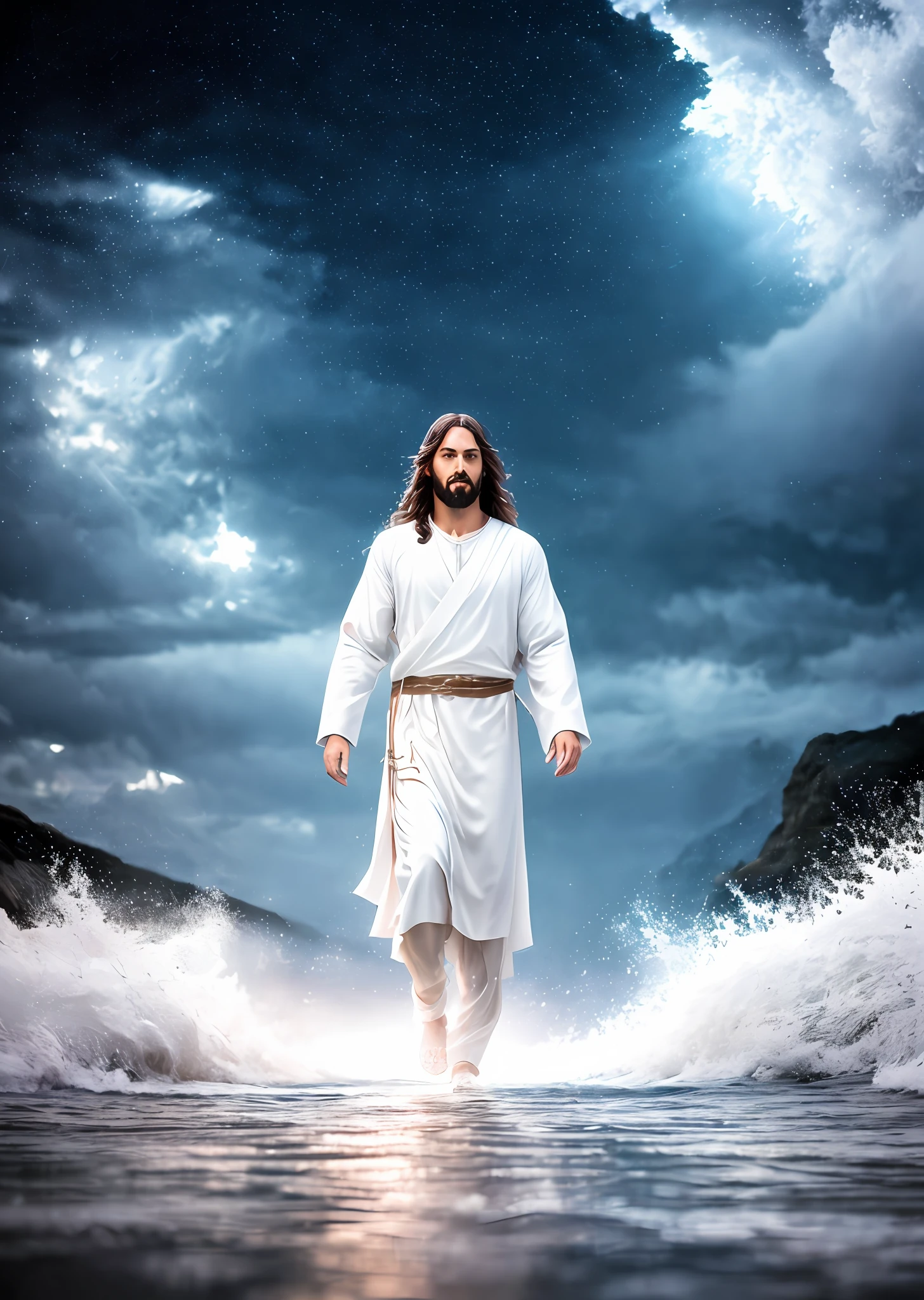 Jesus walking on water in a storm, gentle expression, streaks of light coming down from the sky, masterpiece, highest quality, high quality, highly detailed CG unit 8k wallpaper, award-winning photos, bokeh, depth of field, HDR, bloom, chromatic aberration, realistic, very detailed, trending at artstation, trending at CGsociety, complex, high detail, dramatic, mid-journey art, volumetric lighting