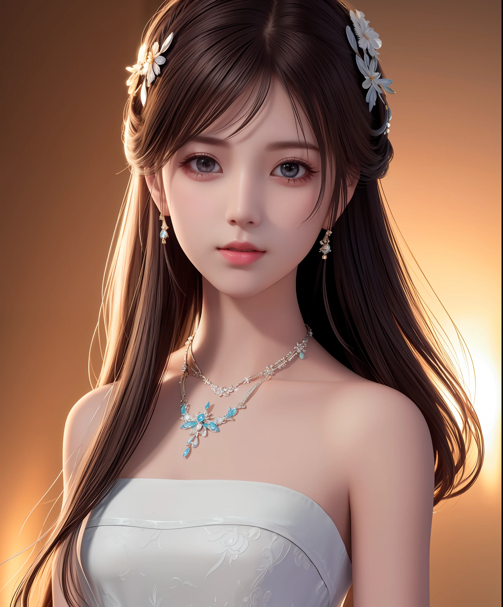 Best quality, masterpiece, high resolution, 1girl, porcelain dress, hair accessories, necklace, jewelry, beautiful face, on the body, Tyndall effect, realistic, dark studio, edge lighting, two-tone lighting, (high detail skin: 1.2), 8k UHD, dslr, soft light, high quality, volumetric light, candid, photo, high resolution, 4k, 8k, background blur,