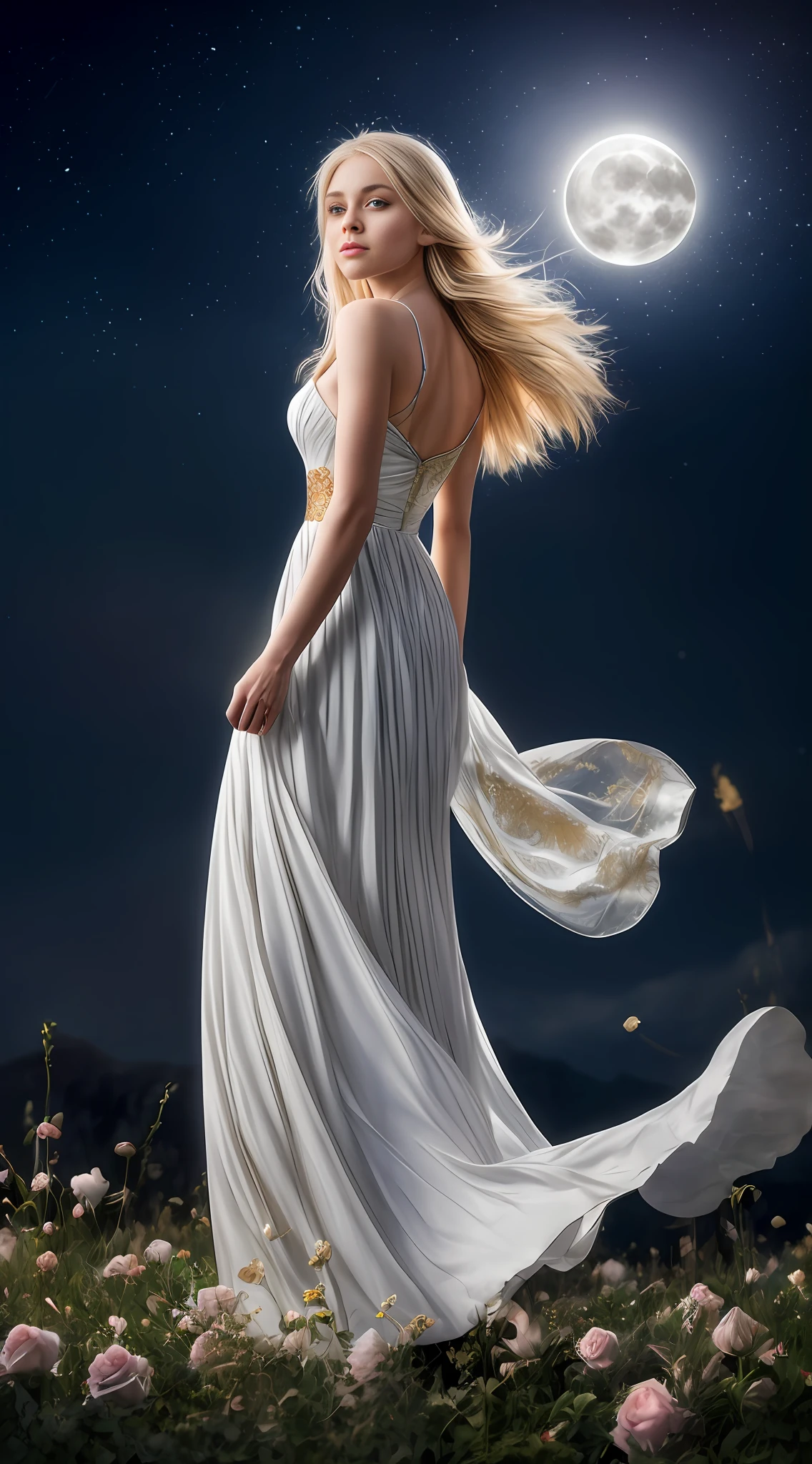(best quality, masterpiece), 1girl elf, pose, long white dress particle, wind, flowers of silver and gold, upper body, simple background, looking at viewer, blonde and silver hair, moonlight sky background, backlit, rim light, glow, roses