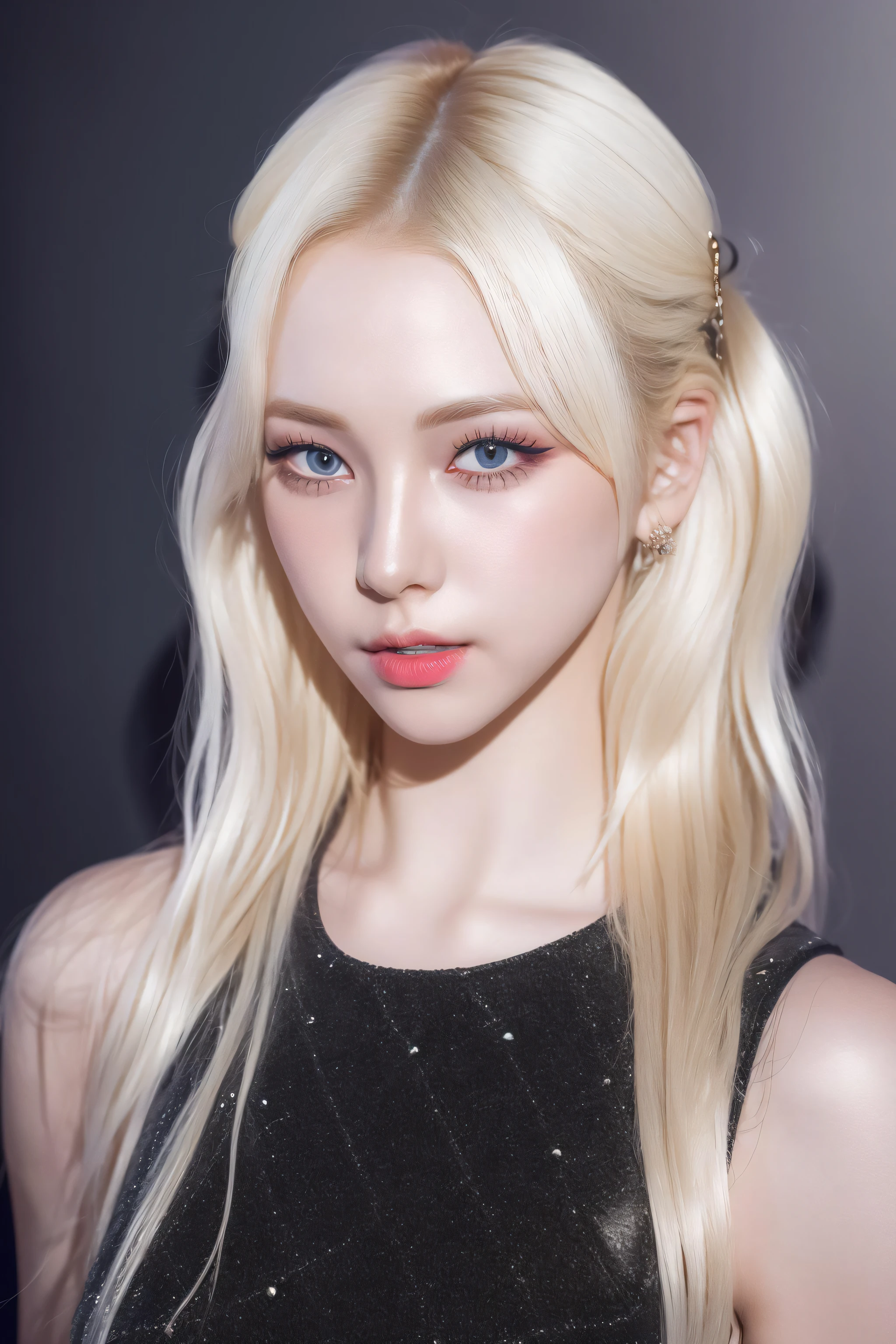 (8k, 4k, best quality, highres, ultra high res:1.1), (masterpiece, realistic, photo-realistic:1.1), 1girl, face, close-up, twintails, blonde hair, black eyes, red lips, (looking at viewer:2), absurdly long hair, long eyelashes, eyeshadow, small face, big eyes,
bare shoulders,
high contrast,