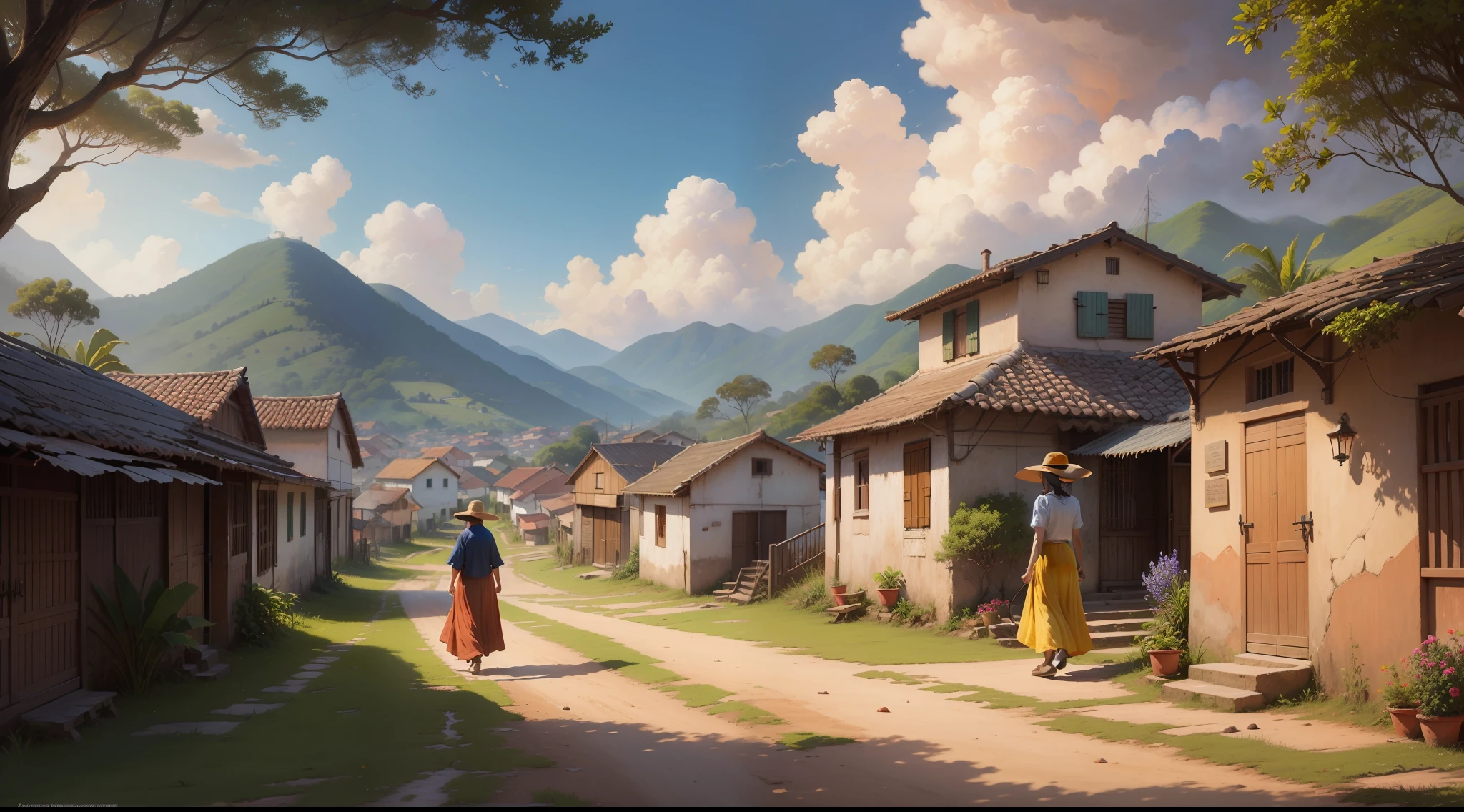 An old Brazilian village, in 1890, with colorful houses, person walking far away. In the background, a landscape, aurea composition, oil painting in the style of Sung Kim, Thomas Kinkade
