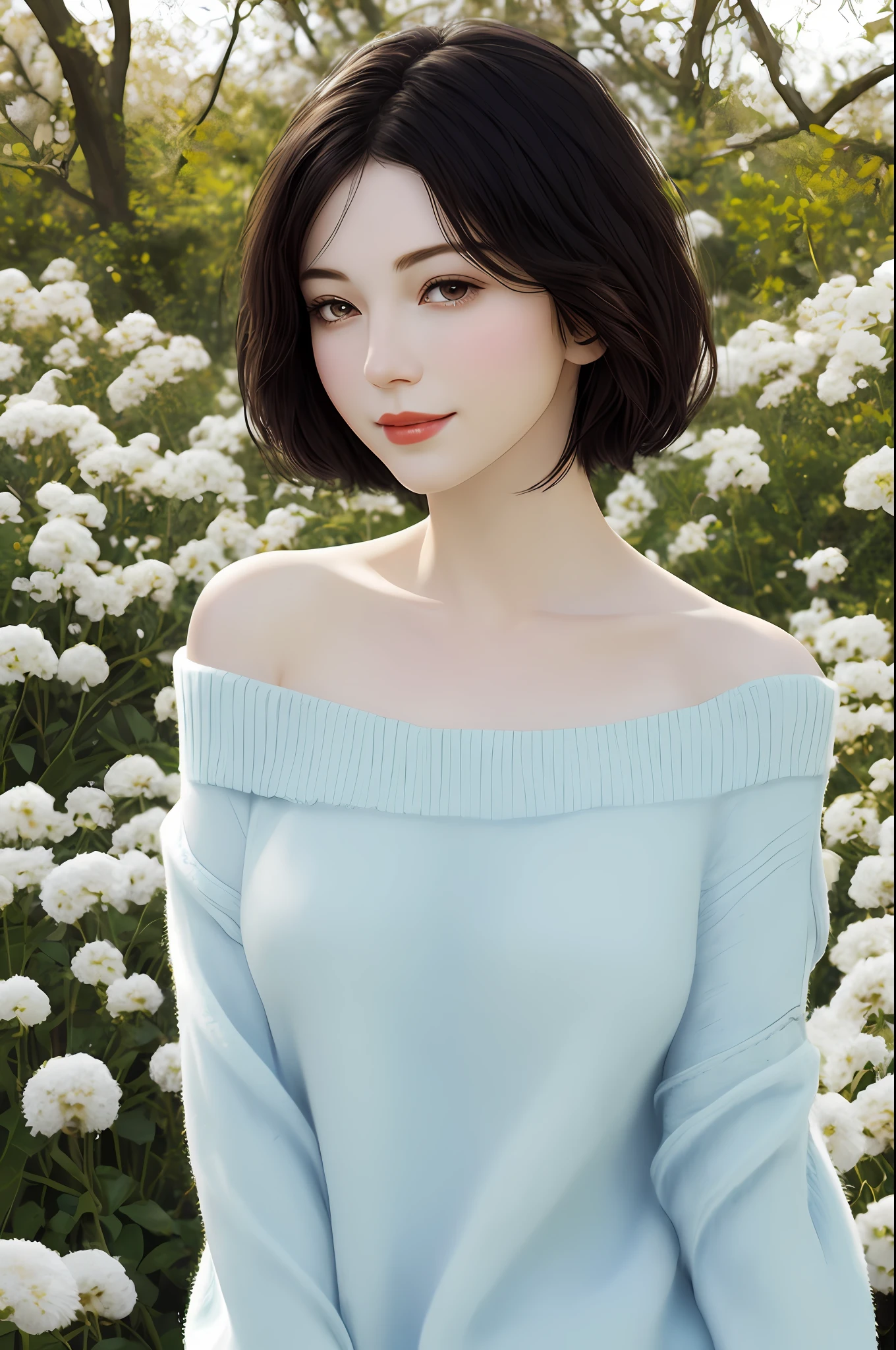 cute girl photo realistic,stands in a park where white clover blooms all around, exquisite and beautiful face, pretty face, (peach Red lips:1.1),pale skin, snow white skin, milky white skin, smooth translucent white skin,  tender and smooth skin,(black hair:1.15),short hair,smile, exquisite collarbone, seductive and delicate collarbone, charming fragrant shoulders, shoulders slightly exposed,  open-shoulder long sweater,sky blue sweater,bokeh, full body,very realistic details,  ultra-high resolution,outstanding details