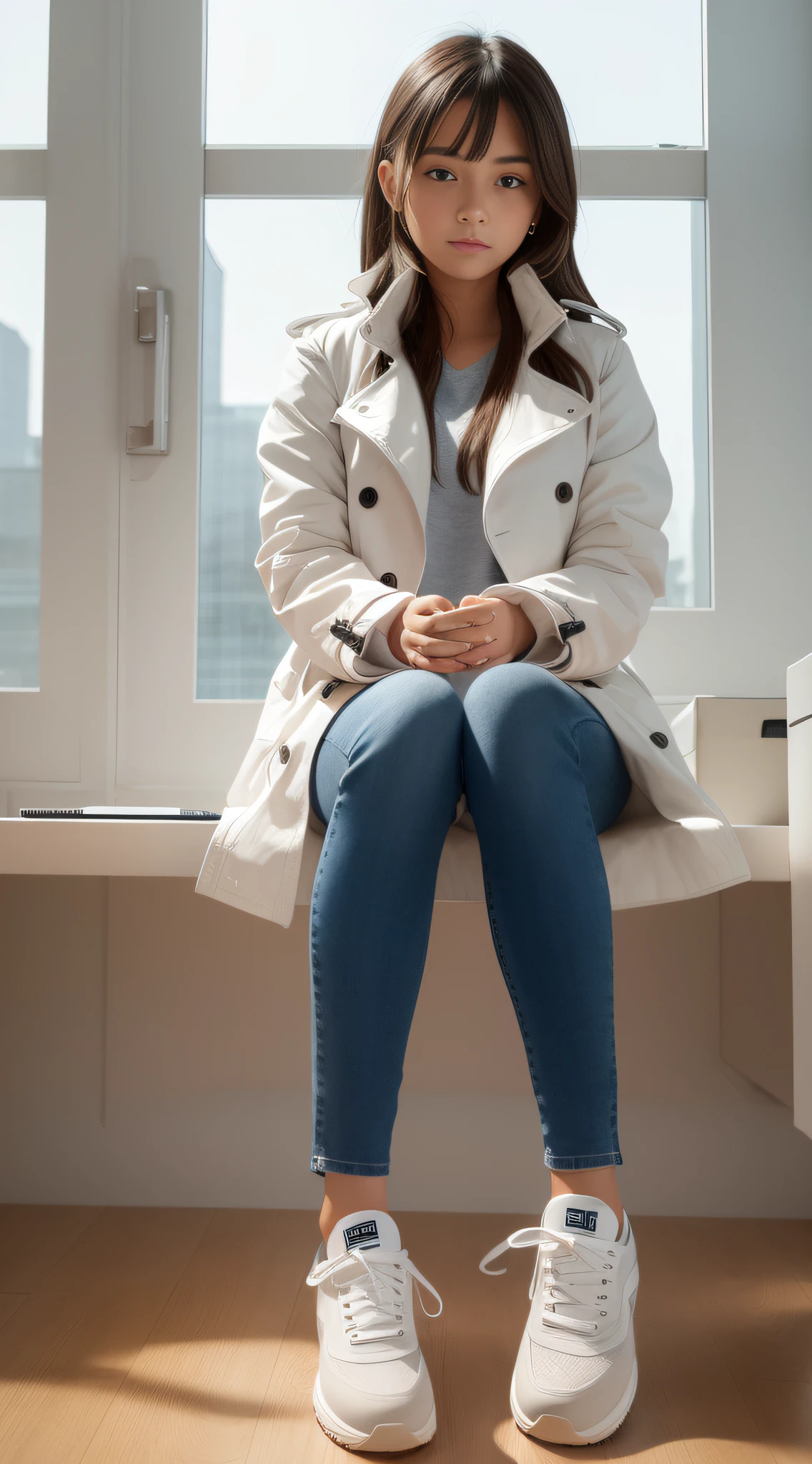 A girl sitting in office in a white trench coat, dark blue skinny jeans, sneakers, far shot