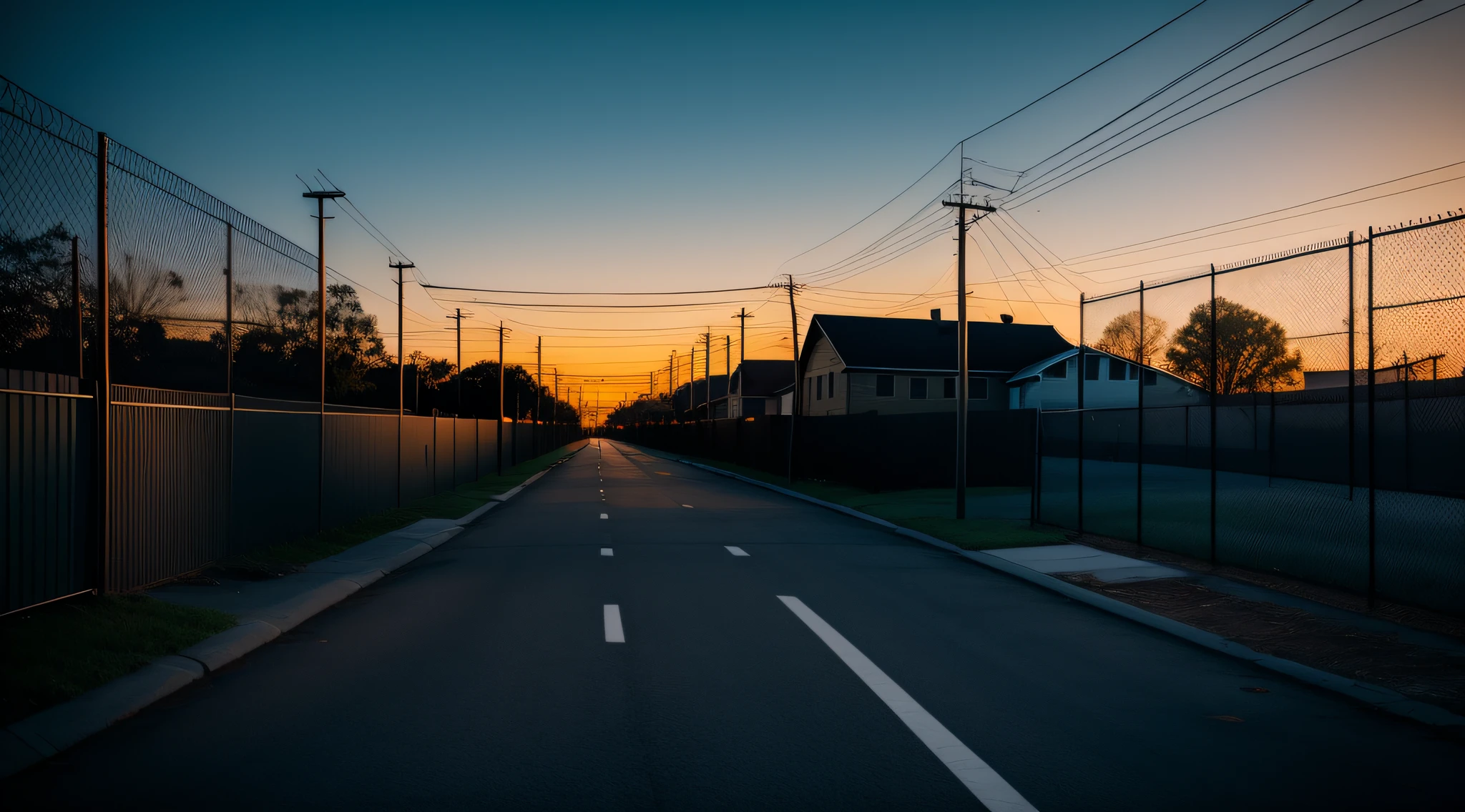 street, wire fences, dark sky, night, dawn