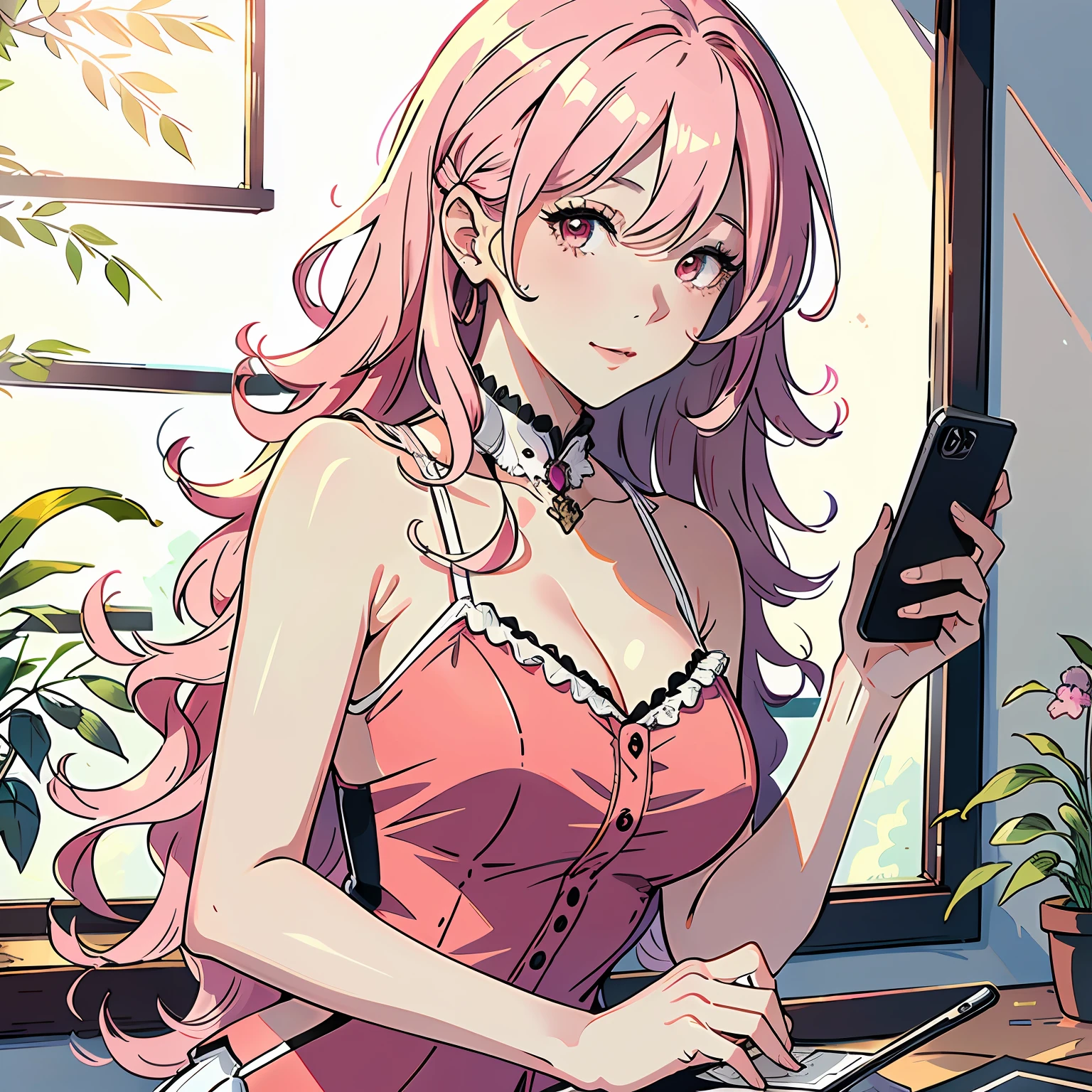Ultra High Resolution, 16k, ((Masterpiece)), ((Best Quality))), ((Ultra Detailed)), ((Illustration)), Upper Body View, 1 Mature Girl, Long Pink Curly Hair, at Home, Holding Mobile Phone
