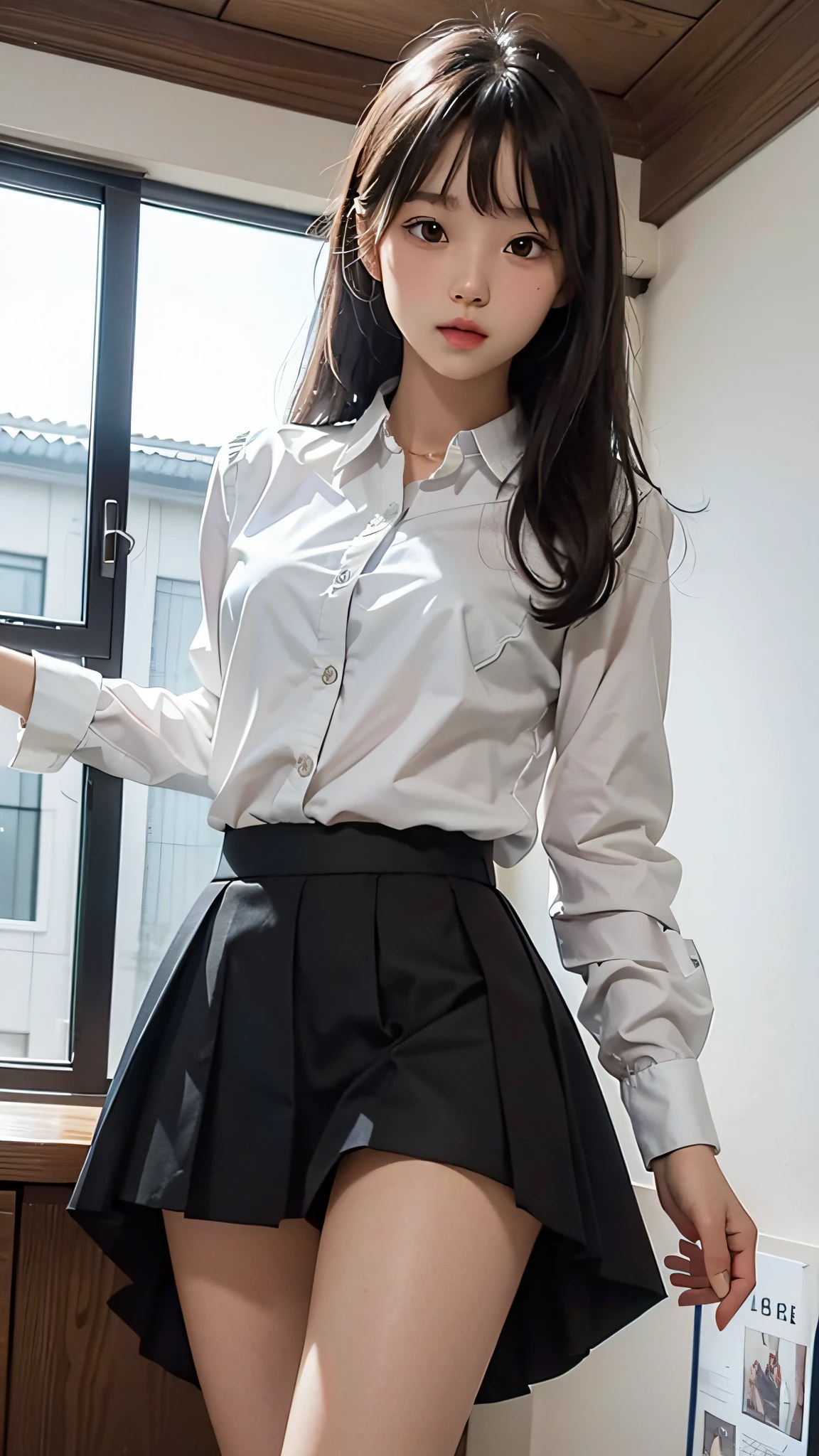 Cute girl, , black miniskirt, white blouse, cute panties, front, from below