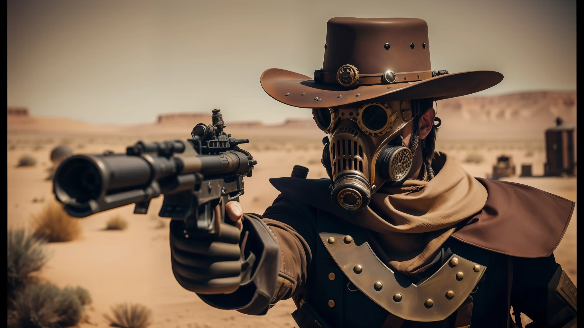 there is a man in a gas mask holding a gun, steampunk desert background, live - action, wild west background, style of nekroxiii, made in 2019, costumes, favorite scene, caravan, defence, tri - gun, avatar image, raider