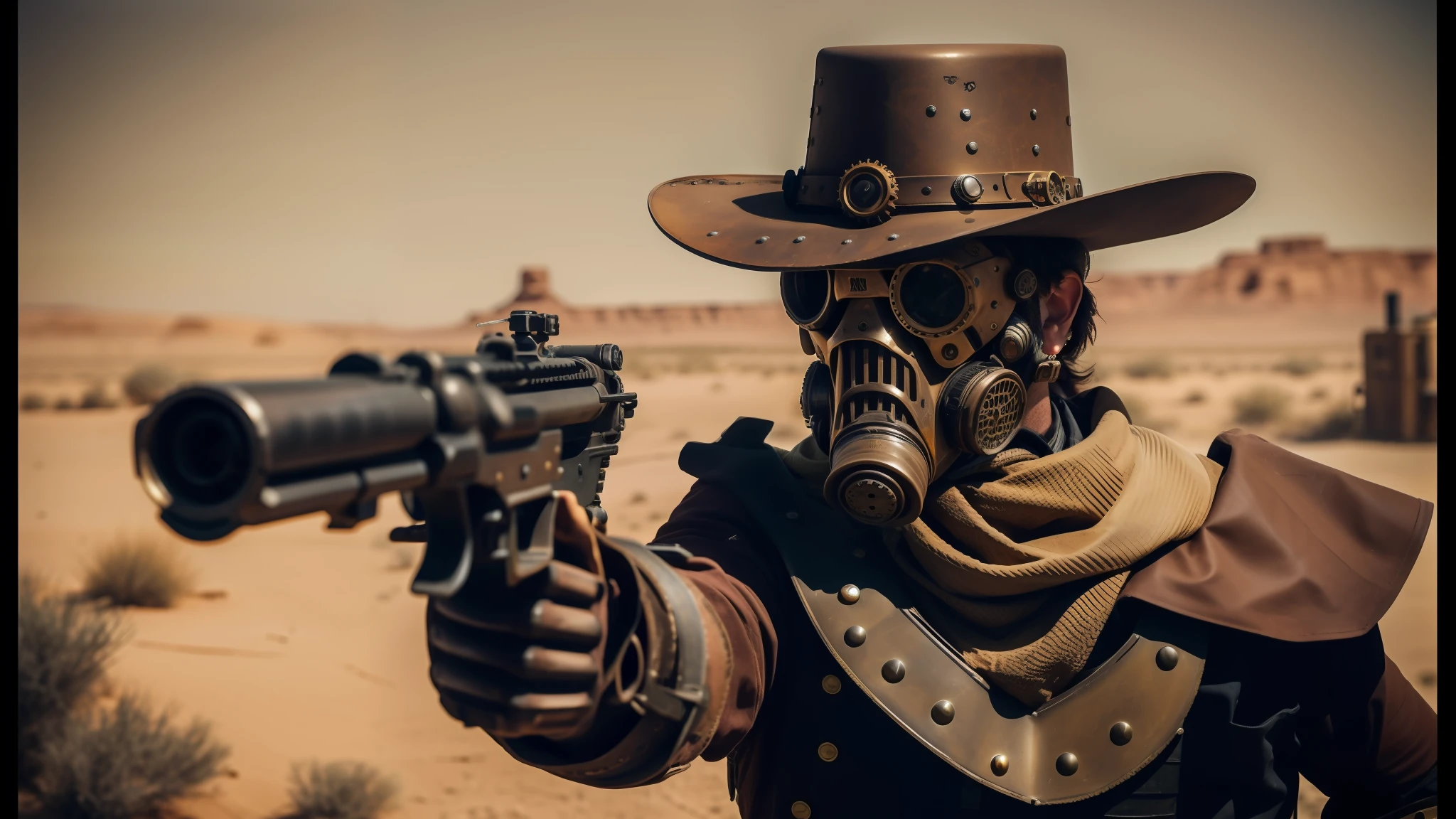there is a man in a gas mask holding a gun, steampunk desert background, live - action, wild west background, style of nekroxiii, made in 2019, costumes, favorite scene, caravan, defence, tri - gun, avatar image, raider