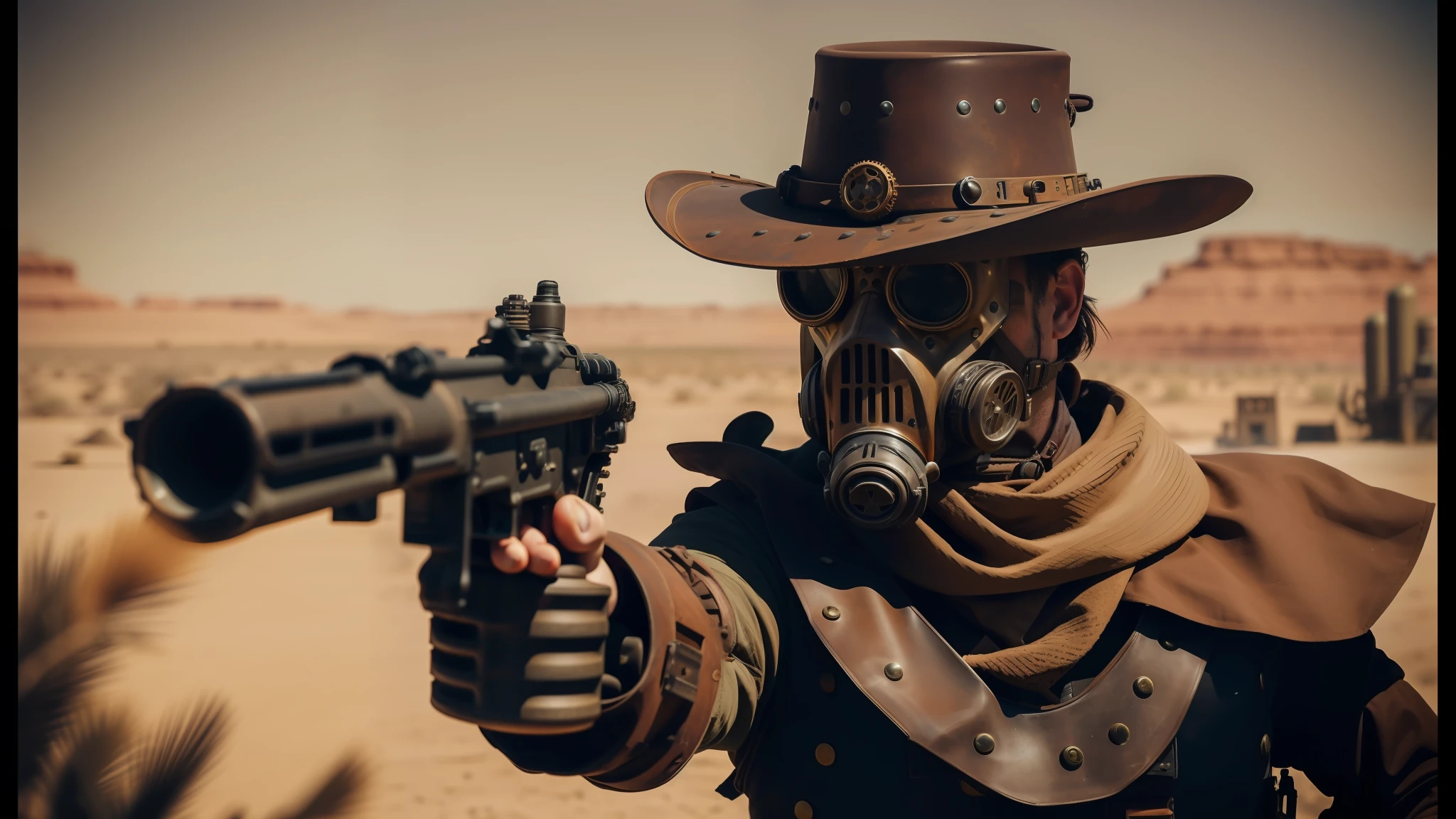 there is a man in a gas mask holding a gun, steampunk desert background, live - action, wild west background, style of nekroxiii, made in 2019, costumes, favorite scene, caravan, defence, tri - gun, avatar image, raider