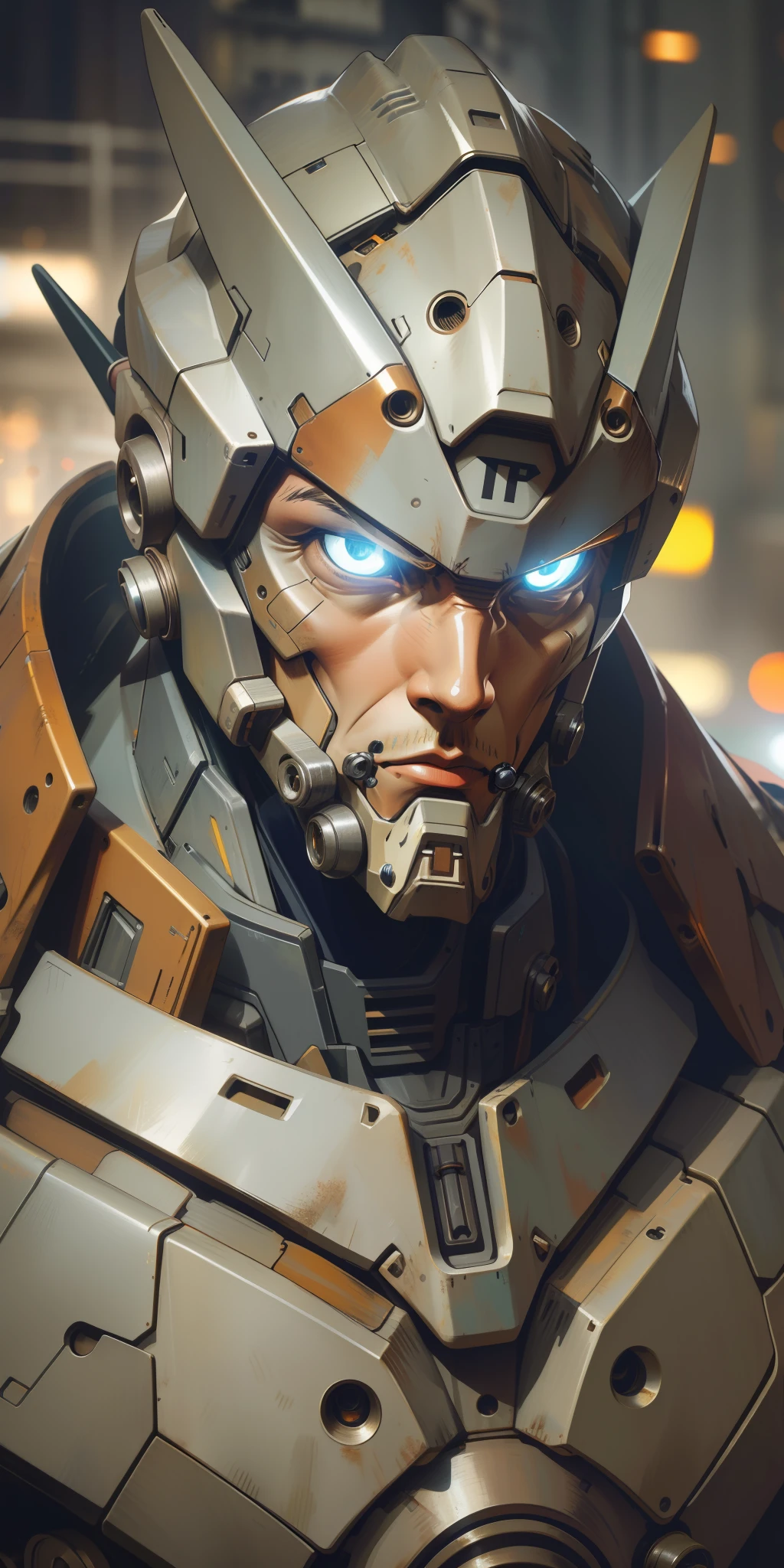 Portrait photo of an alpha male, perfect eyes, in a worn mecha suit, ((light bokeh)), intricate, (steel metal [rust]), elegant, sharp focus, photo by greg rutkowski, soft lighting, vibrant colors, masterpiece, ((streets)), cowboy shot, dynamic pose,