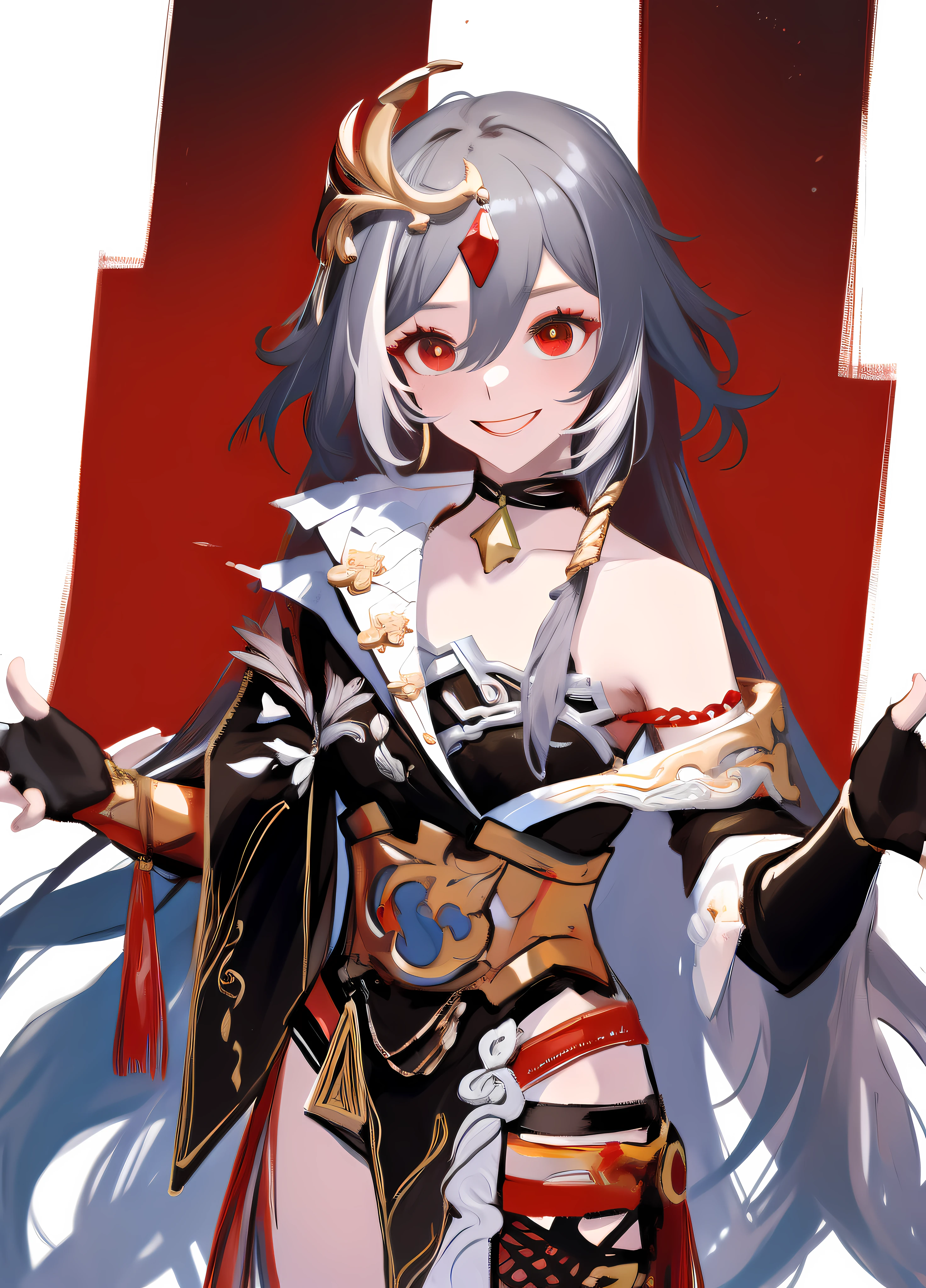 best quality, masterpiece, ultra-detailed, beautiful, highres, original, absurdres, senti,
1girl, solo, long_hair, looking_at_viewer, smile, bangs, black_hair, hair_ornament, red_eyes, hair_between_eyes, chinese_clothes, uneven_sleeves, :d, standing, simple background, white background, gloves, asymmetrical_sleeves, fingerless gloves,