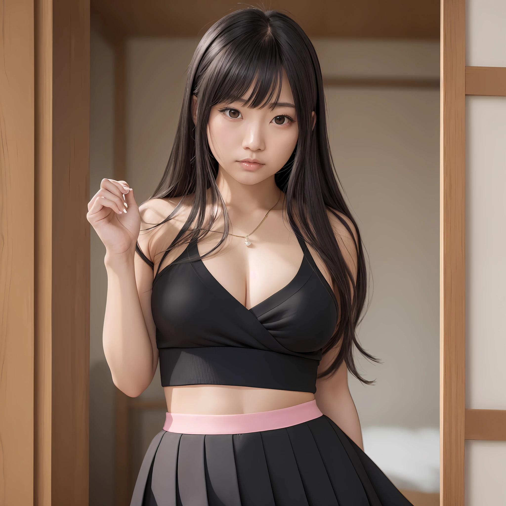 NSFW, 8K raw photo, best quality, masterpiece, ultra high definition, film grain, filmg, 1girl, viewer look, natural skin texture, realistic eye and face details, full lips, lipstick, Kazue Kato, Akiko Takase, Kiyoko Suzuki, Rinko Kawaichi, Yuka Kazami, Shiori Teshirogi, Yasumoto Oka, Ayami Kojima, Takeyuki Kanda, Chiho Ashima, Aoi Ogata, Nobuma Fujiwara, Aya Takano, Etsuko Miura, Tsugumi Oba, Chiho, Aya Takano, Yasumoto Oka, Mao Hamaguchi, Height 158cm, Weight 53kg, Bust 83cm (D cup), cleavage, Waist 61cm, Hips 86cm, Smooth long black hair, Bangs , Japan, 18 years old, Naive college girl, Wearing a short sleeved white blouse, Wearing a black pleated skirt, Showing off her Y-shaped balance, Pink panties visible, Solo, Yoga pose - --auto --s2