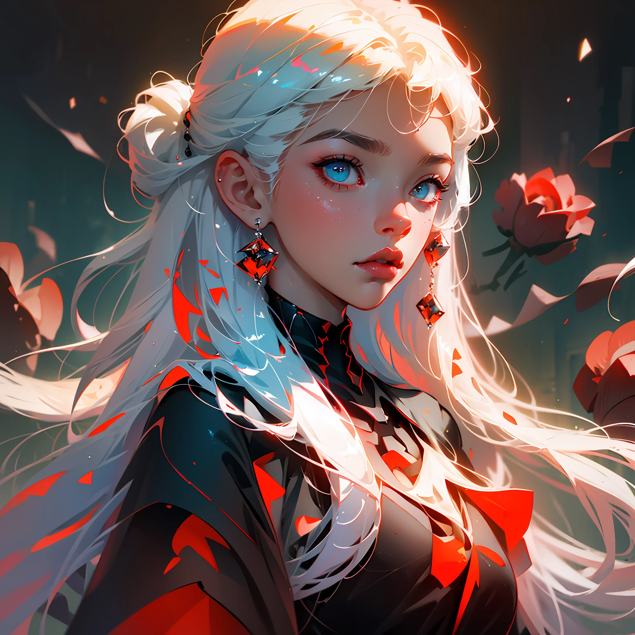 1girl,white realistic hair,2 bangs,wearing a black and red dress, heterochromia,close up shot, surrounded by rose's,highest quality digital art, Stunning art, wallpaper 4k,8k,64k, HD, unparalleled masterpiece, dynamic lighting, cinematic, epic